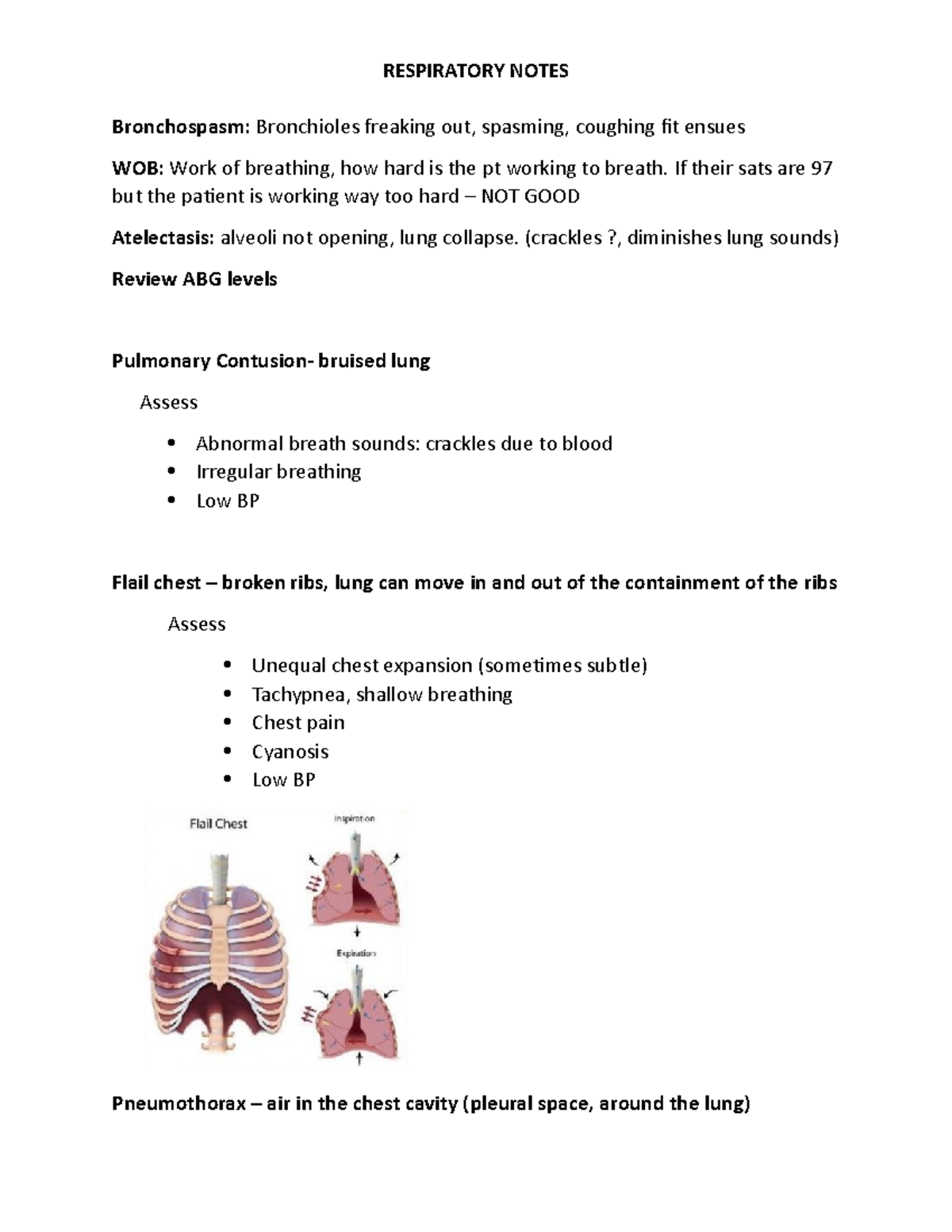 Respiratory Notes w PP - RESPIRATORY NOTES Bronchospasm: Bronchioles ...