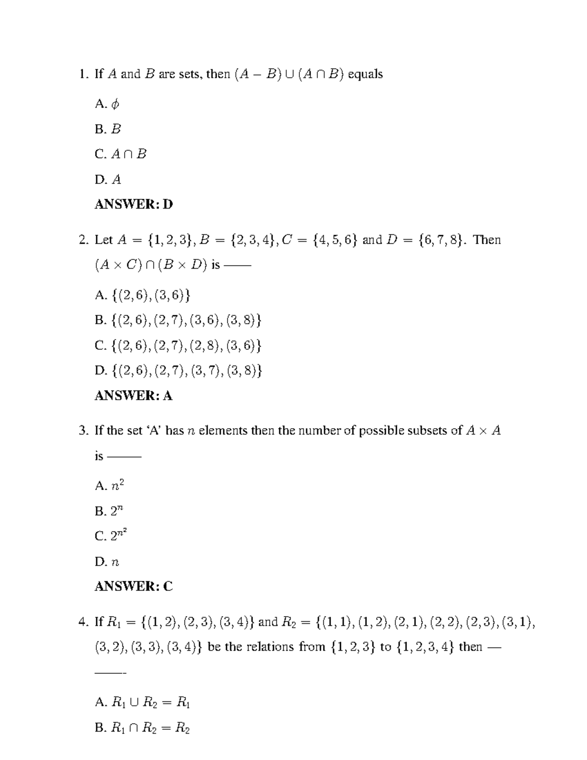 Unit-1 Moderate - 1. If A And B Are Sets, Then (A B) (A B) Equals A. φ ...