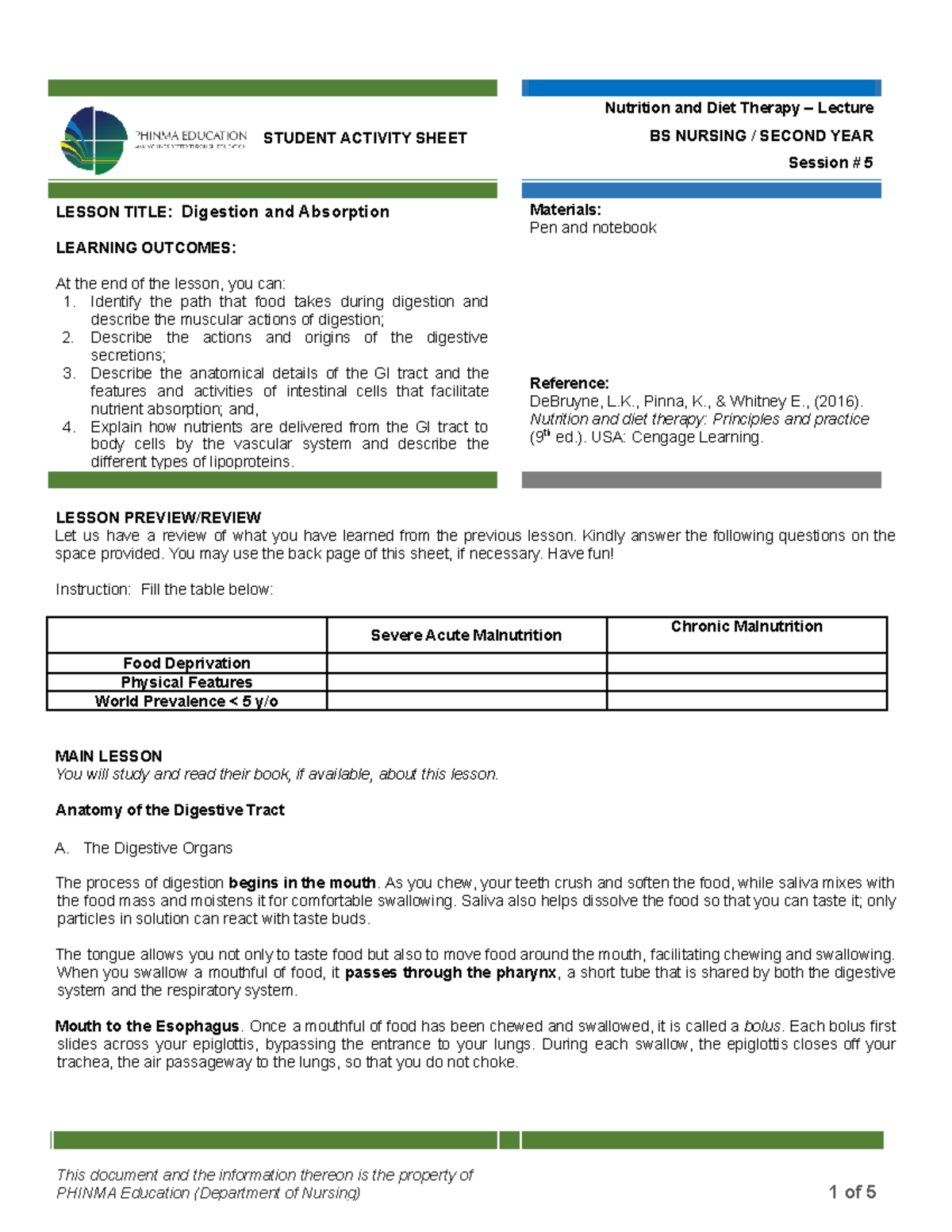 Session #5 SAS - Nutrition (Lecture) - STUDENT ACTIVITY SHEET Nutrition ...