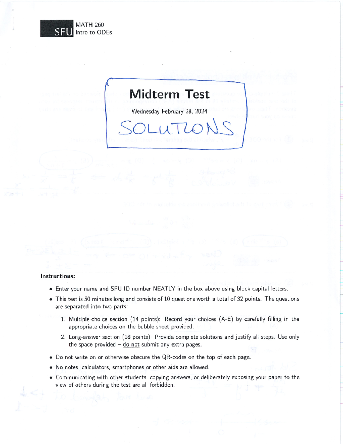 Midterm2 solution - MATH 260 SFU Intro to ODEs Midterm Test Wednesday ...