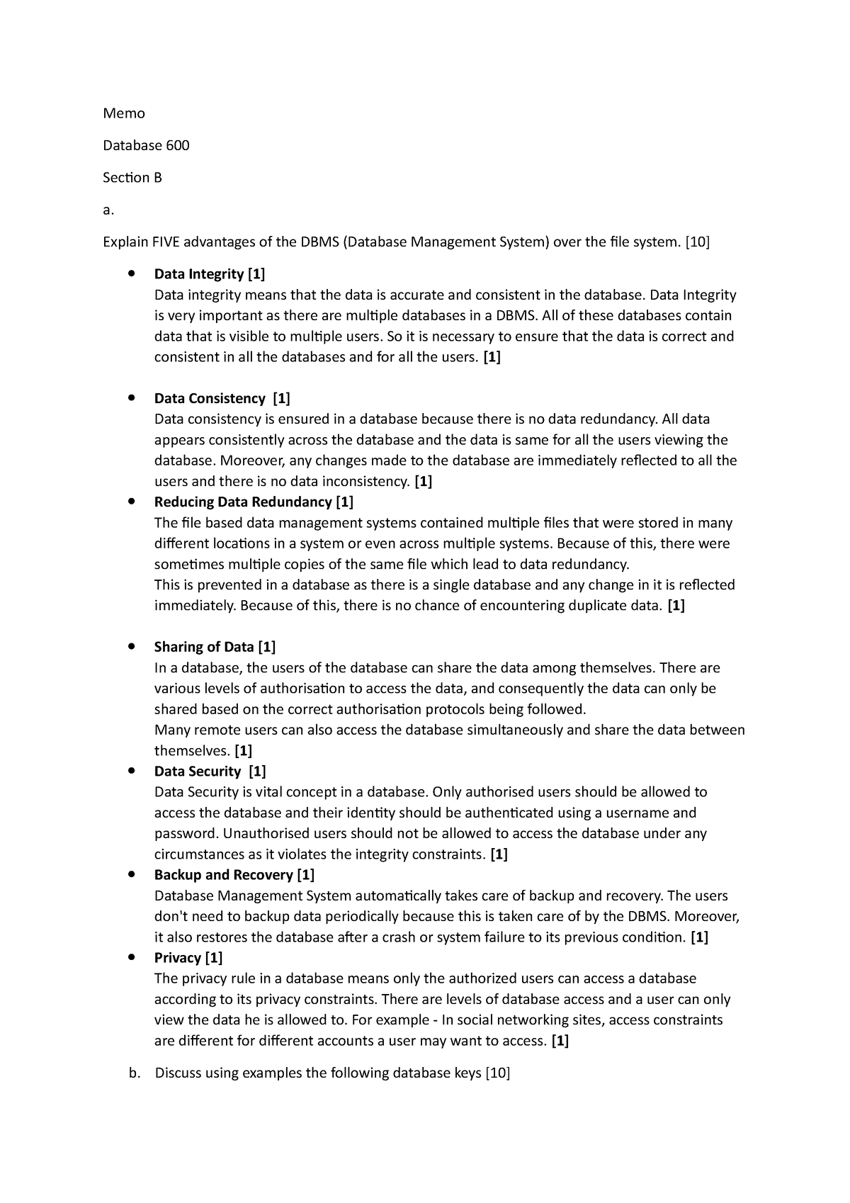 Database Memo - Memo Database 600 Section B a. Explain FIVE advantages ...