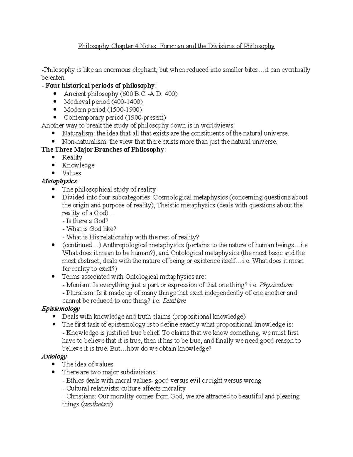 Philosophy Chapter 4 Notes - Philosophy Chapter 4 Notes: Foreman And ...