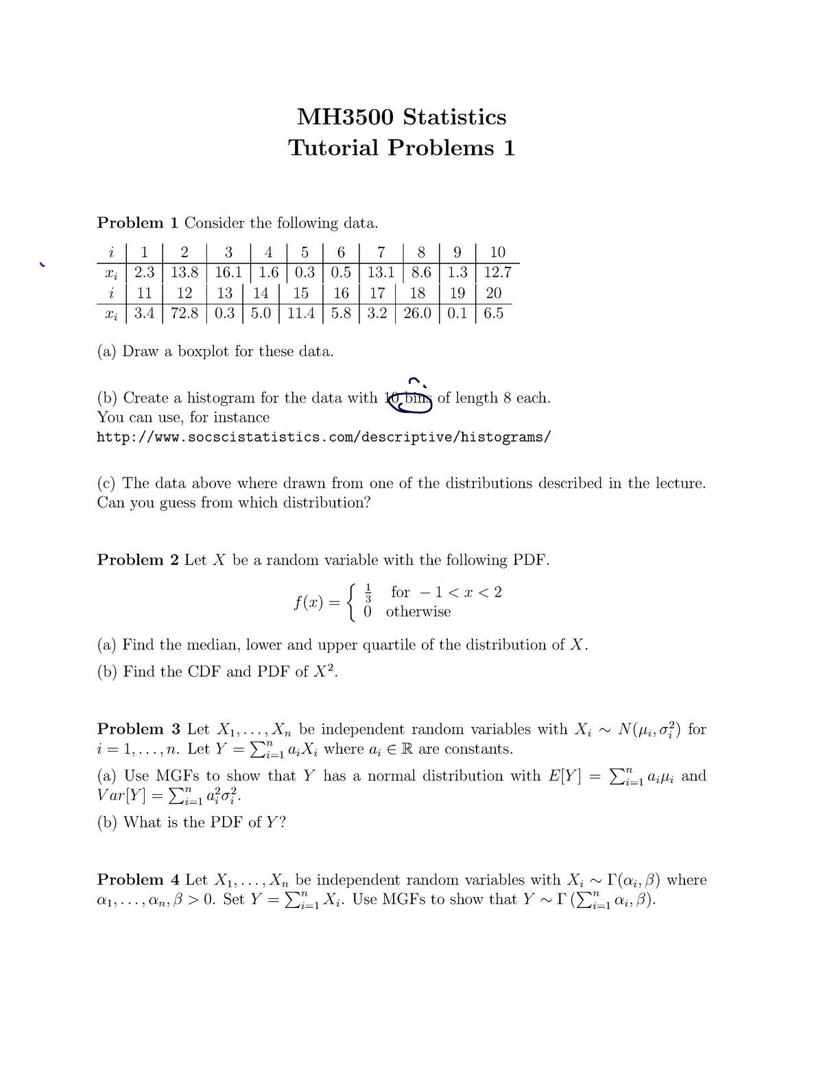 Tutorial 1 MH3500 Notes - MH3500 Statistics Tutorial Problems 1 Problem ...