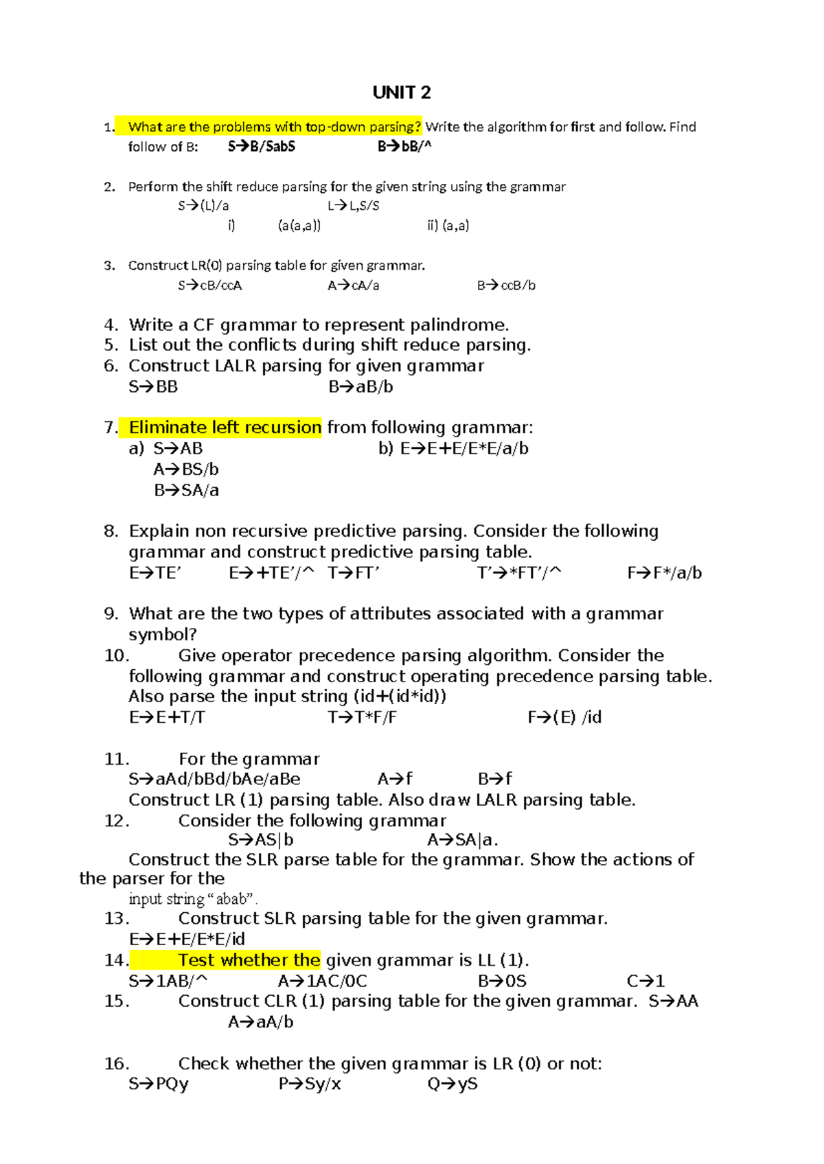 UNIT 2 CD - notes - UNIT 2 What are the problems with top-down parsing ...