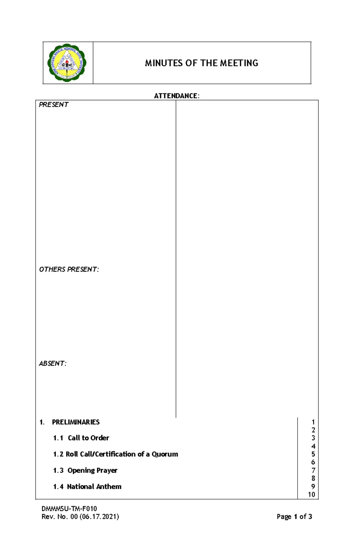 F010 Minutes of the Meeting Form - MINUTES OF THE MEETING ATTENDANCE ...