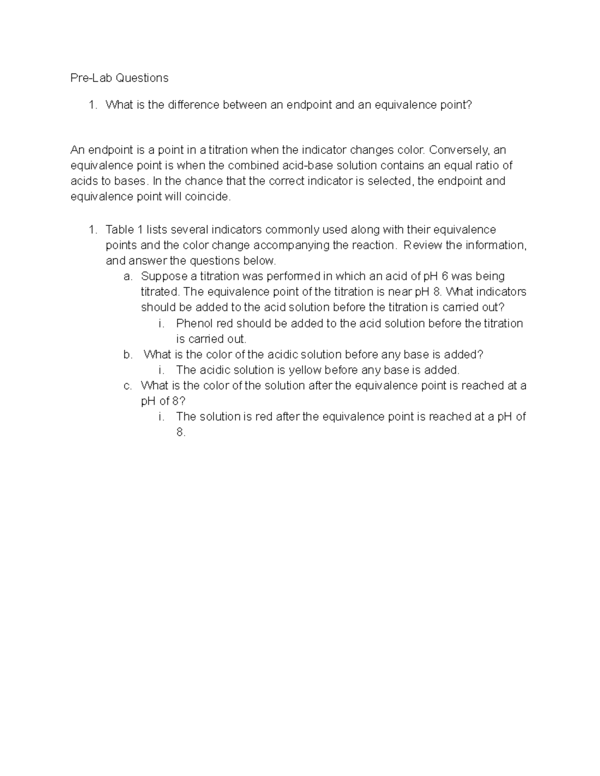 Titration Pre Lab Questions Answers Titration Lab Bases Acid