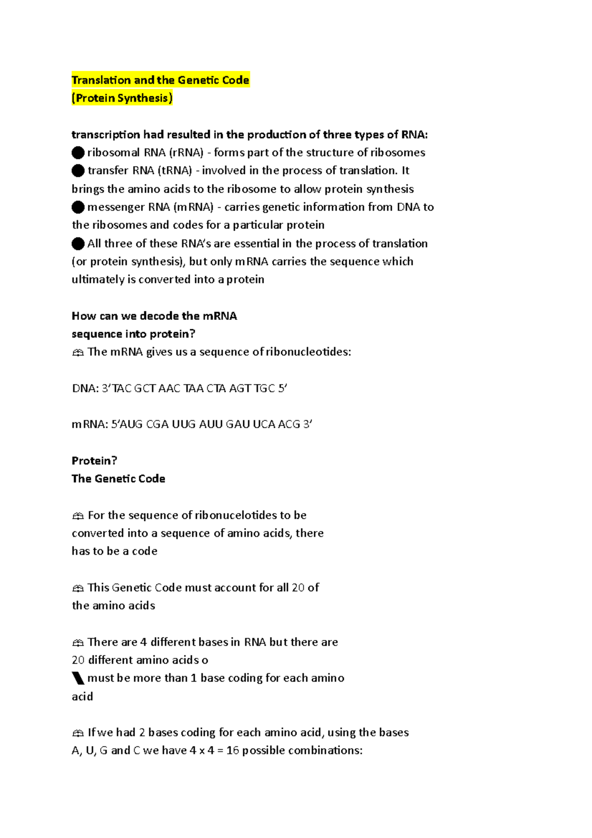 Translation and the Genetic Code - Translation and the Genetic Code ...