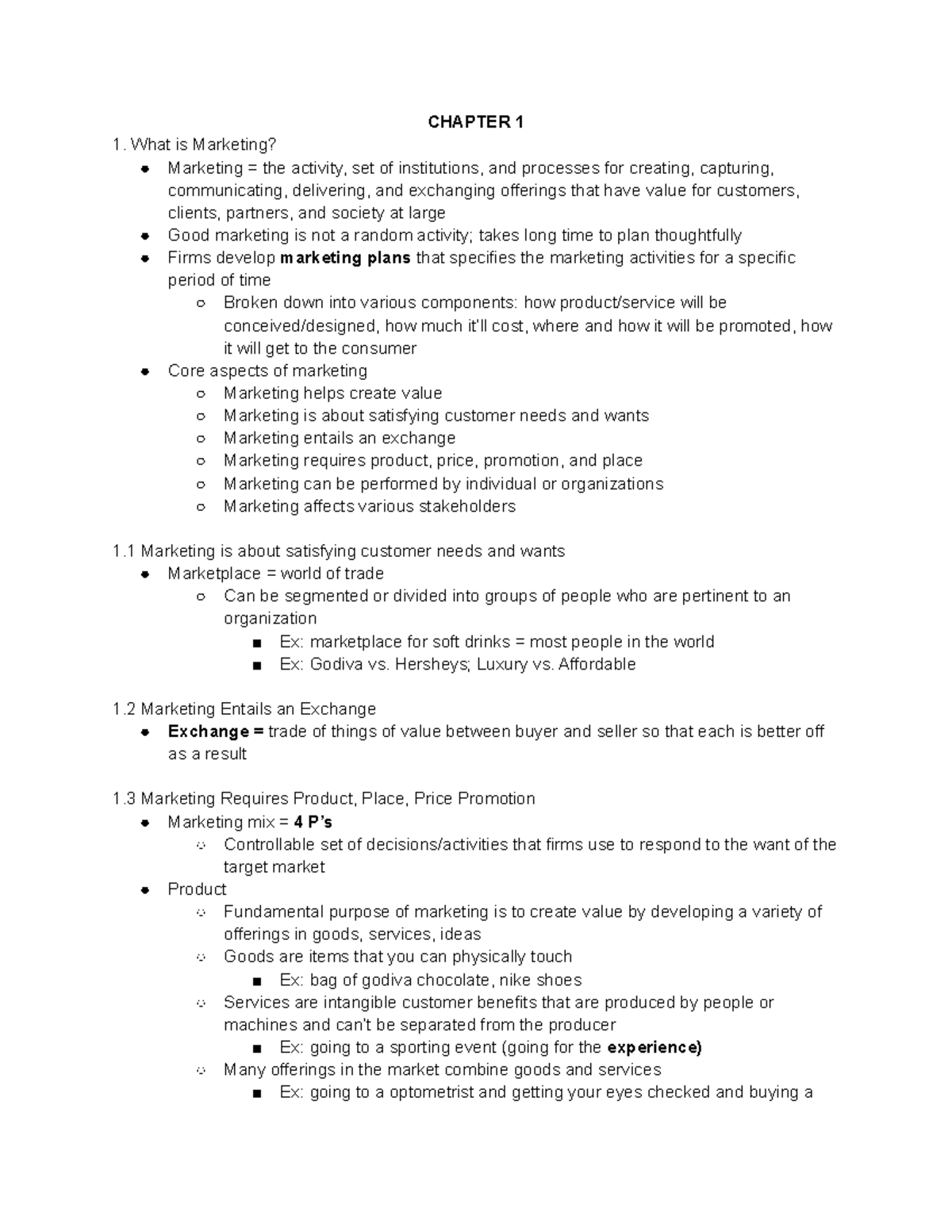 MK323 Chapter 1 Notes - CHAPTER 1 What is Marketing? Marketing = the ...