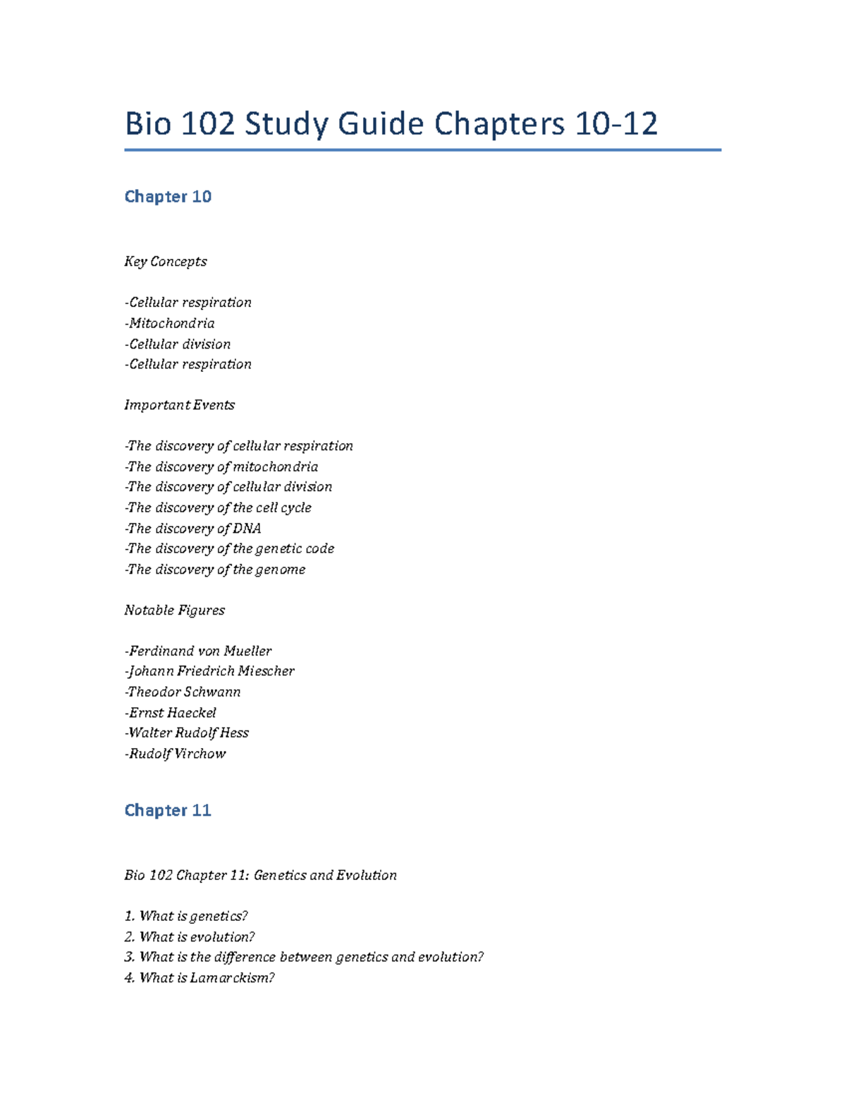 Bio 102 Study Guide Chapters 10-12 - Evolution is the change in the ...