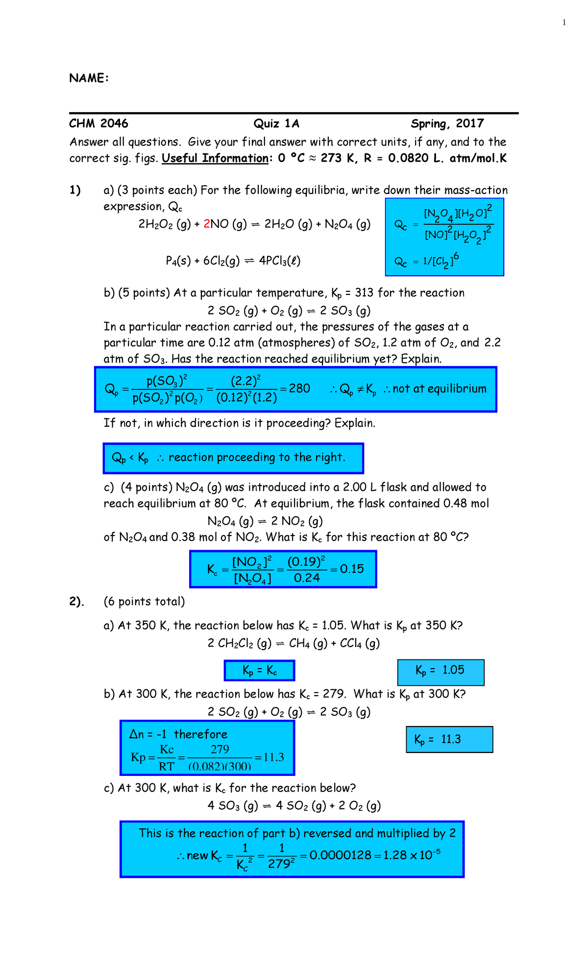 Quiz 1A 2017 Answer Key Quiz for Chemical Equations 1 280 Q K not