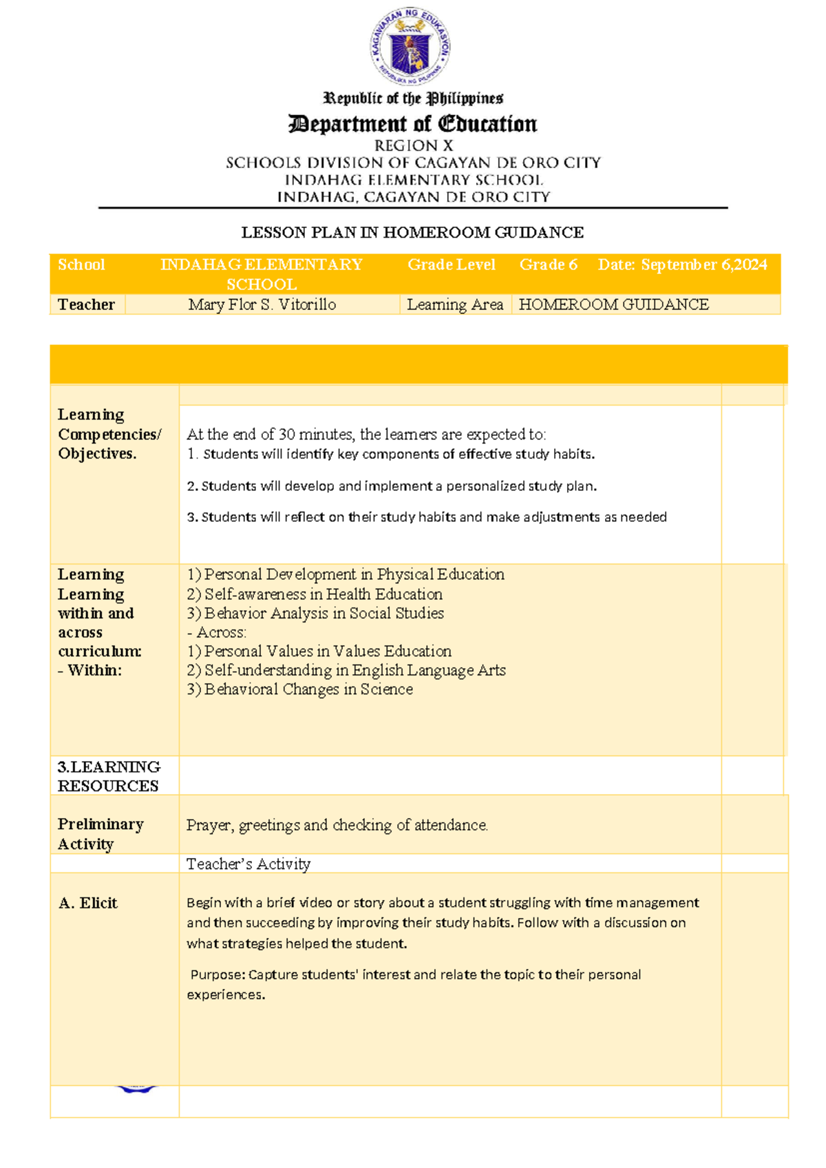 COT 1 Demo - class observation in arts - LESSON PLAN IN HOMEROOM ...