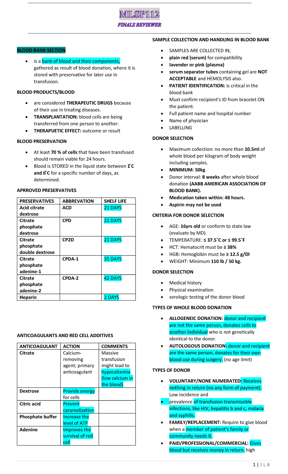 MLSP112 Final Topic jam - BLOOD BANK SECTION is a bank of blood and ...