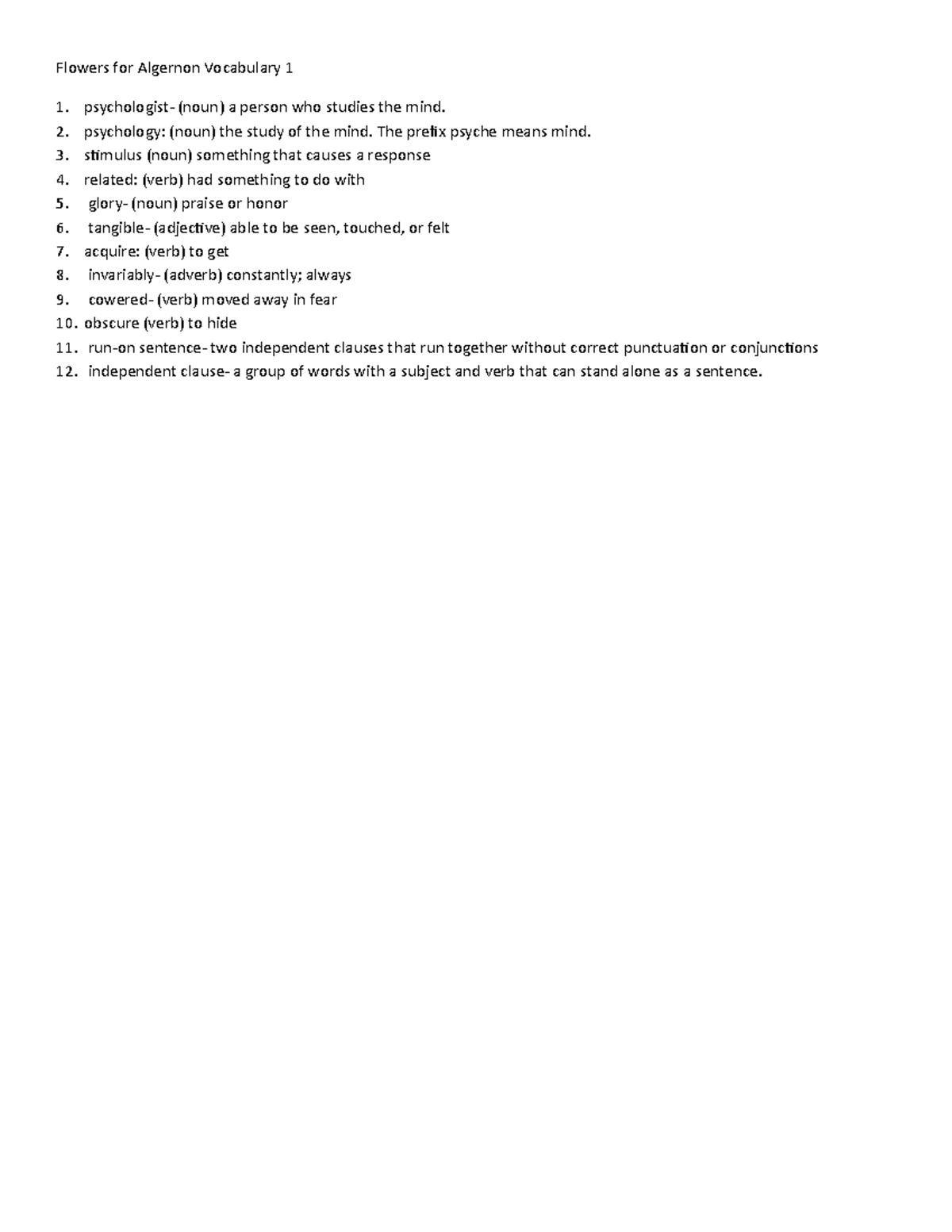 Flowers for Algernon Vocabulary 1 psychology (noun) the study of the
