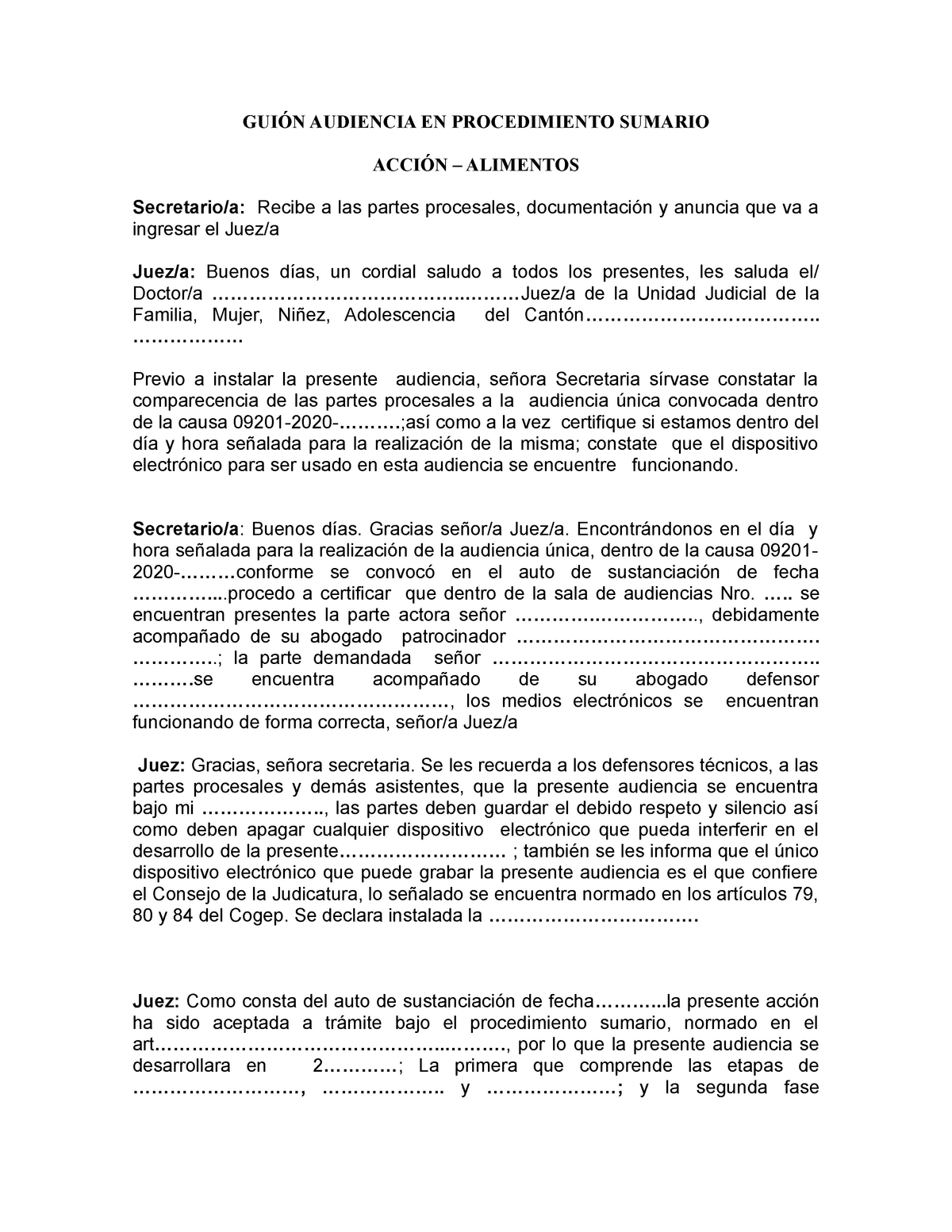 Guión Audiencia En Procedimiento Sumario 1 GuiÓn Audiencia En Procedimiento Sumario AcciÓn 4485