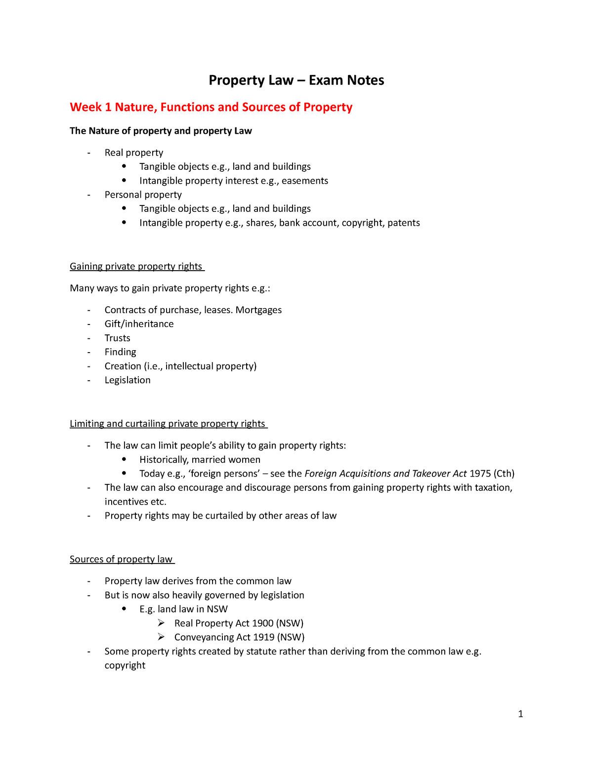 Property Law - Exam Notes - Property Law – Exam Notes Week 1 Nature ...