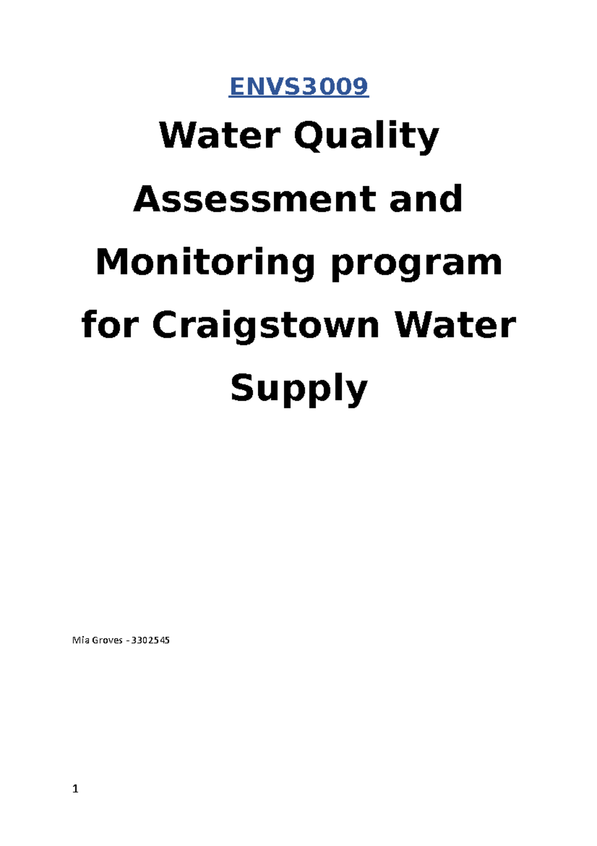 3009 Water Quality Project ENVS Water Quality Assessment and