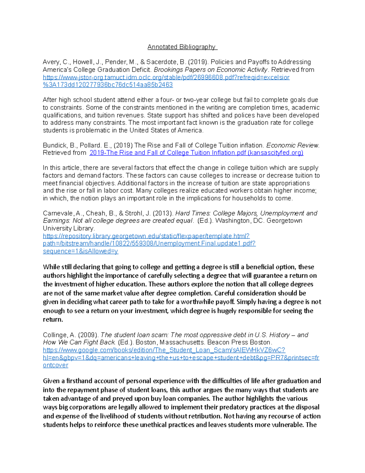 Steph Annotated Bibliography - Annotated Bibliography Avery, C., Howell ...