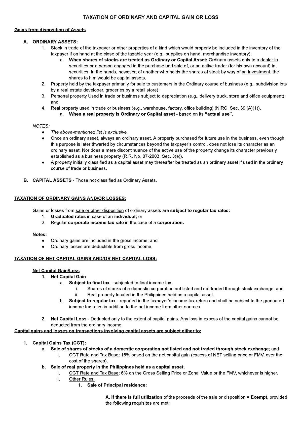 Taxation of Ordinary and Capital Gains and Losses - TAXATION OF ...