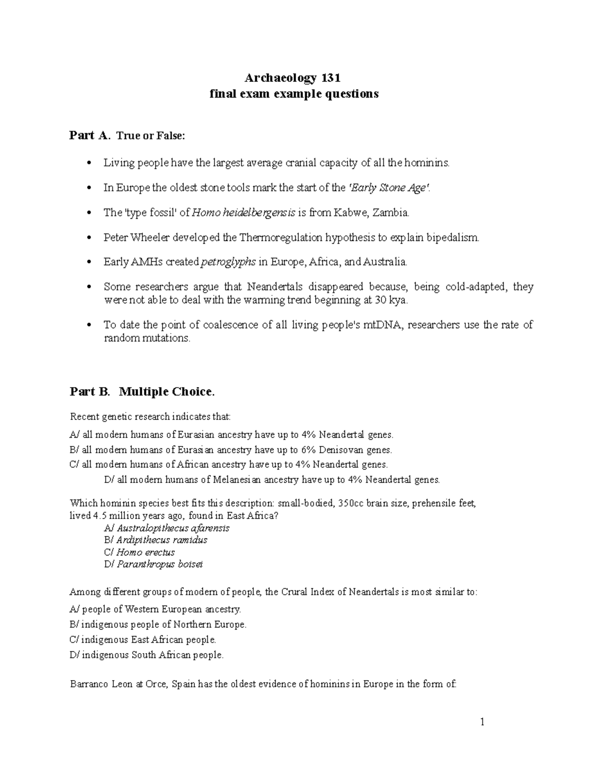 Arch 131 Final example Qs Archaeology 131 final exam example