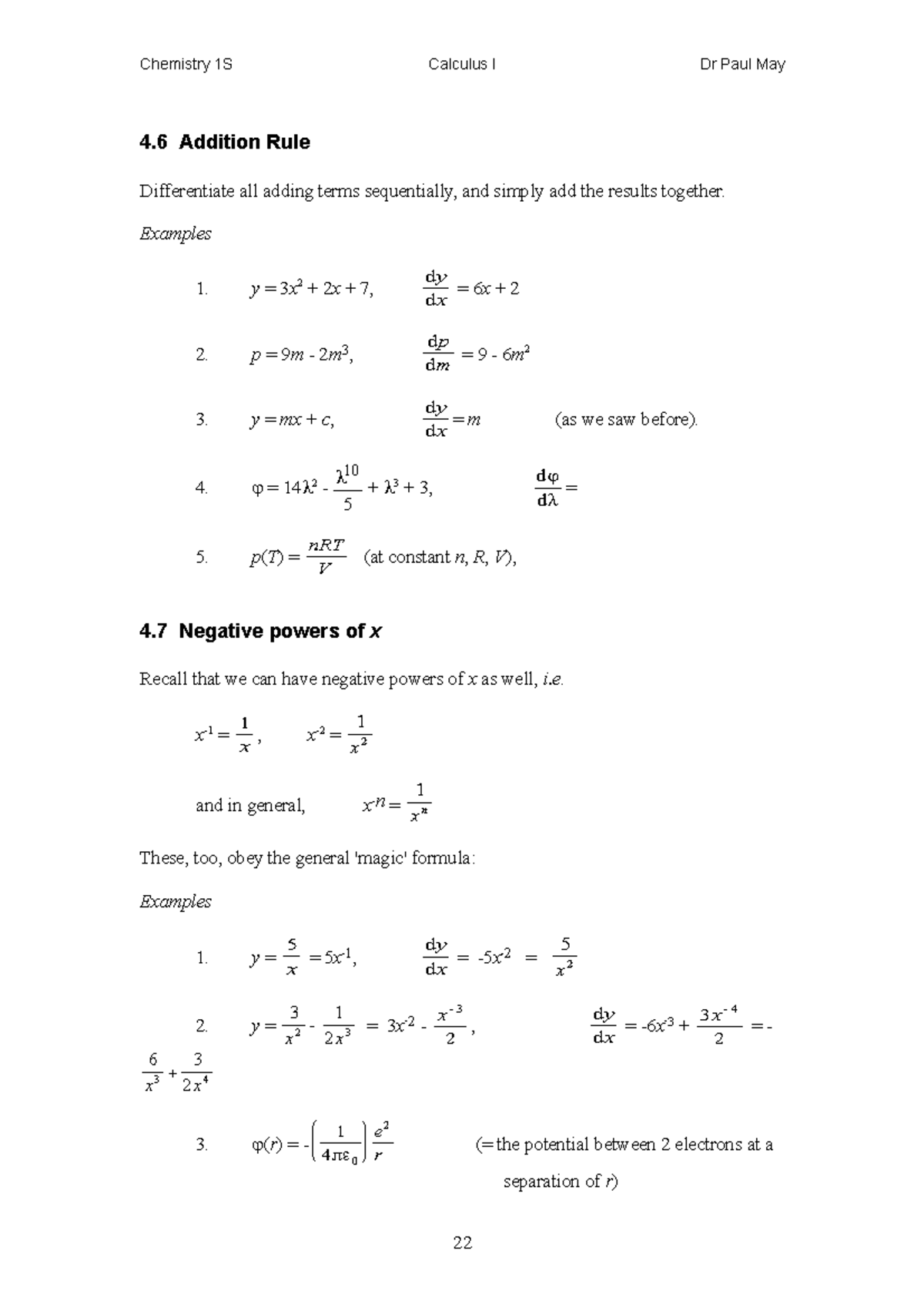 Lecture notes, lecture 4 - Chemistry 1S Calculus I Dr Paul May 4 ...