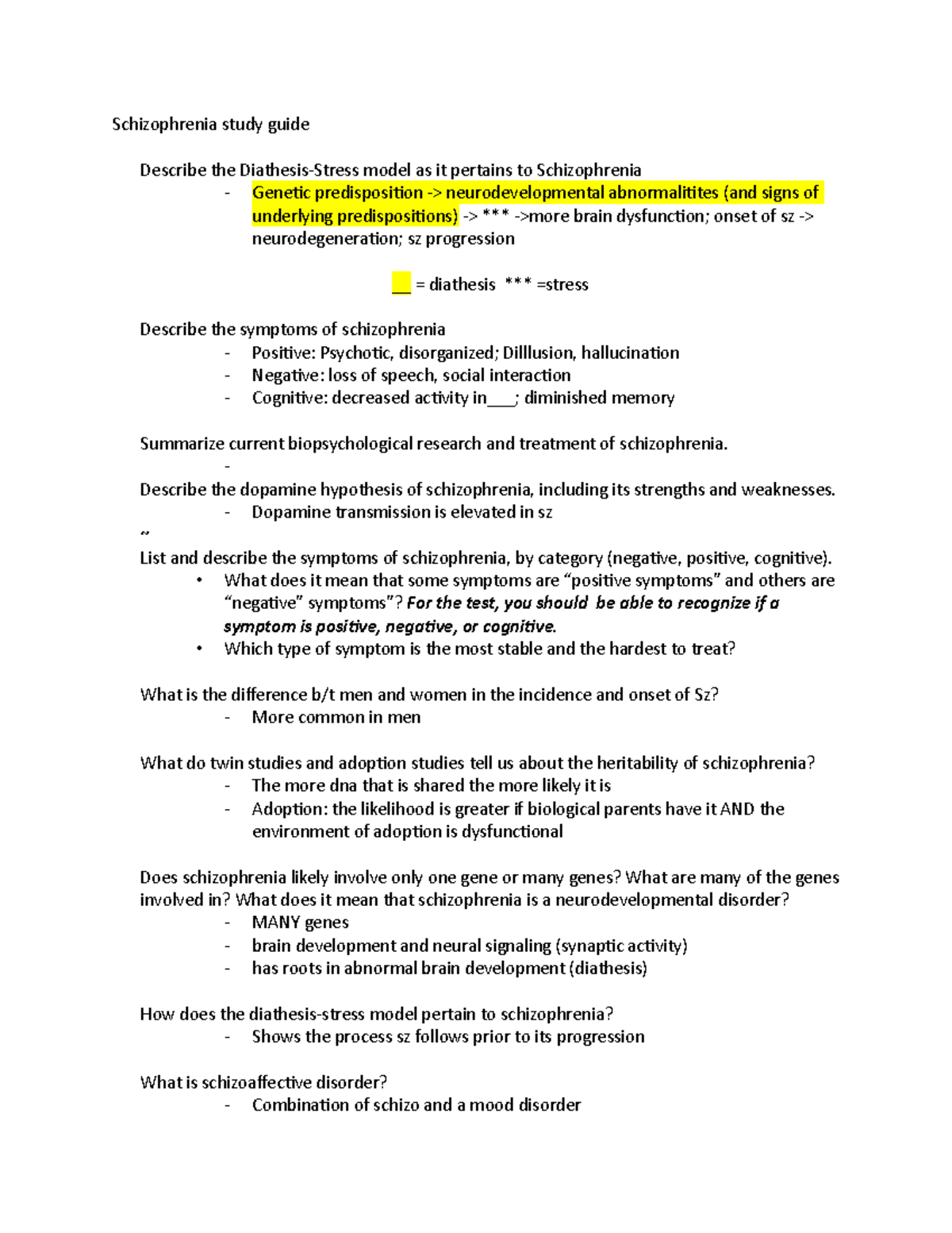 Schizophrenia study guide - Schizophrenia study guide Describe the ...