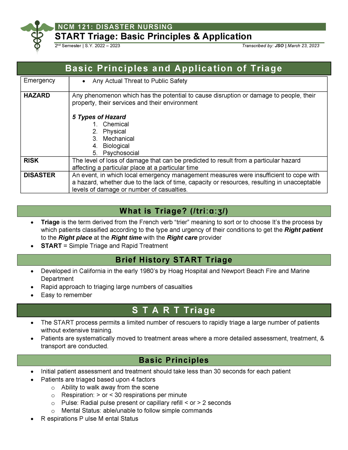 Start Triage Basic Principles & Application - NCM 121: DISASTER NURSING ...