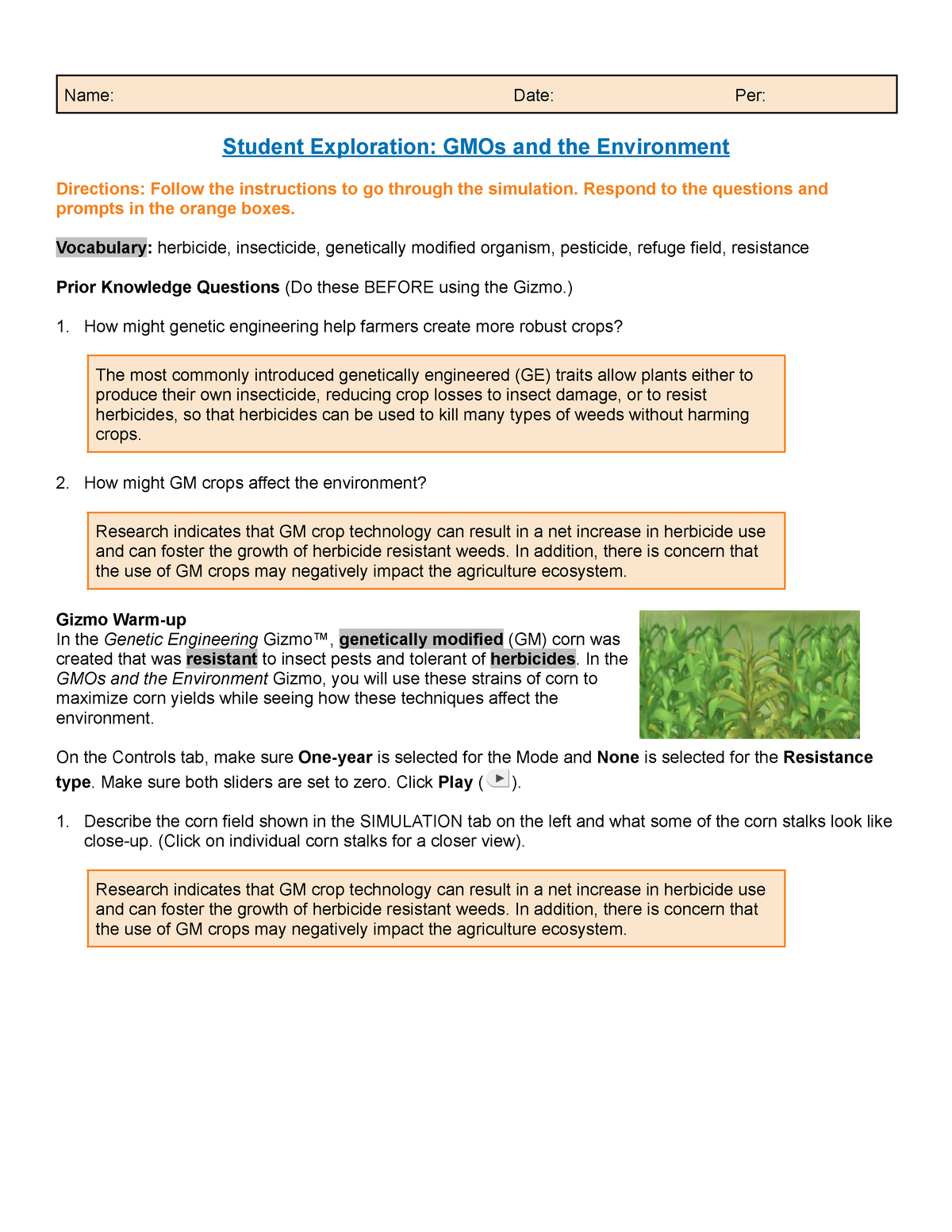 GMOs and the Environment Gizmo - Name: Date: Per: Student Exploration