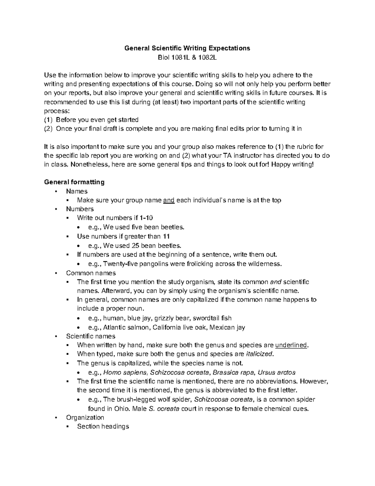 General Scientific Writing Expectations - Biology 1081L and 1082L ...