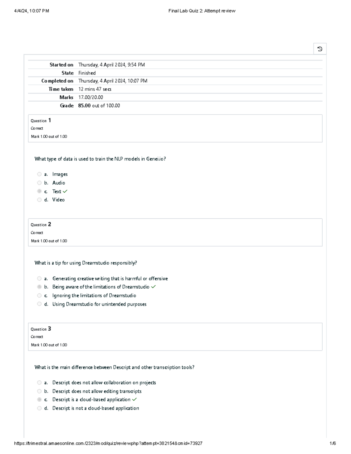 Final Lab Quiz 2 Attempt review AI - Started on Thursday, 4 April 2024 ...