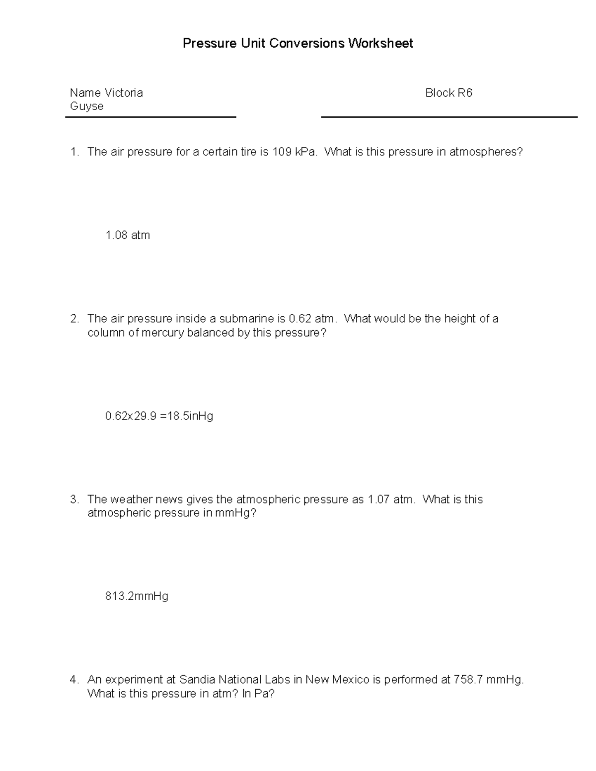 Copy of Pressure Conversions - Pressure Unit Conversions Worksheet Name ...