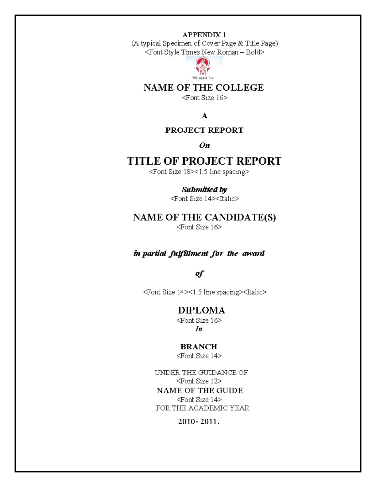 Project-format final - APPENDIX 1 (A typical Specimen of Cover Page ...