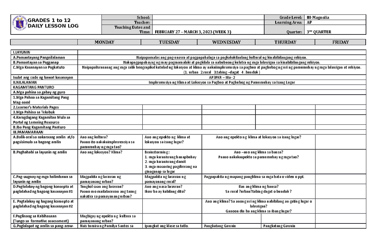 DLL Araling Panlipunan 3 Q3 W3 - GRADES 1 to 12 DAILY LESSON LOG School ...