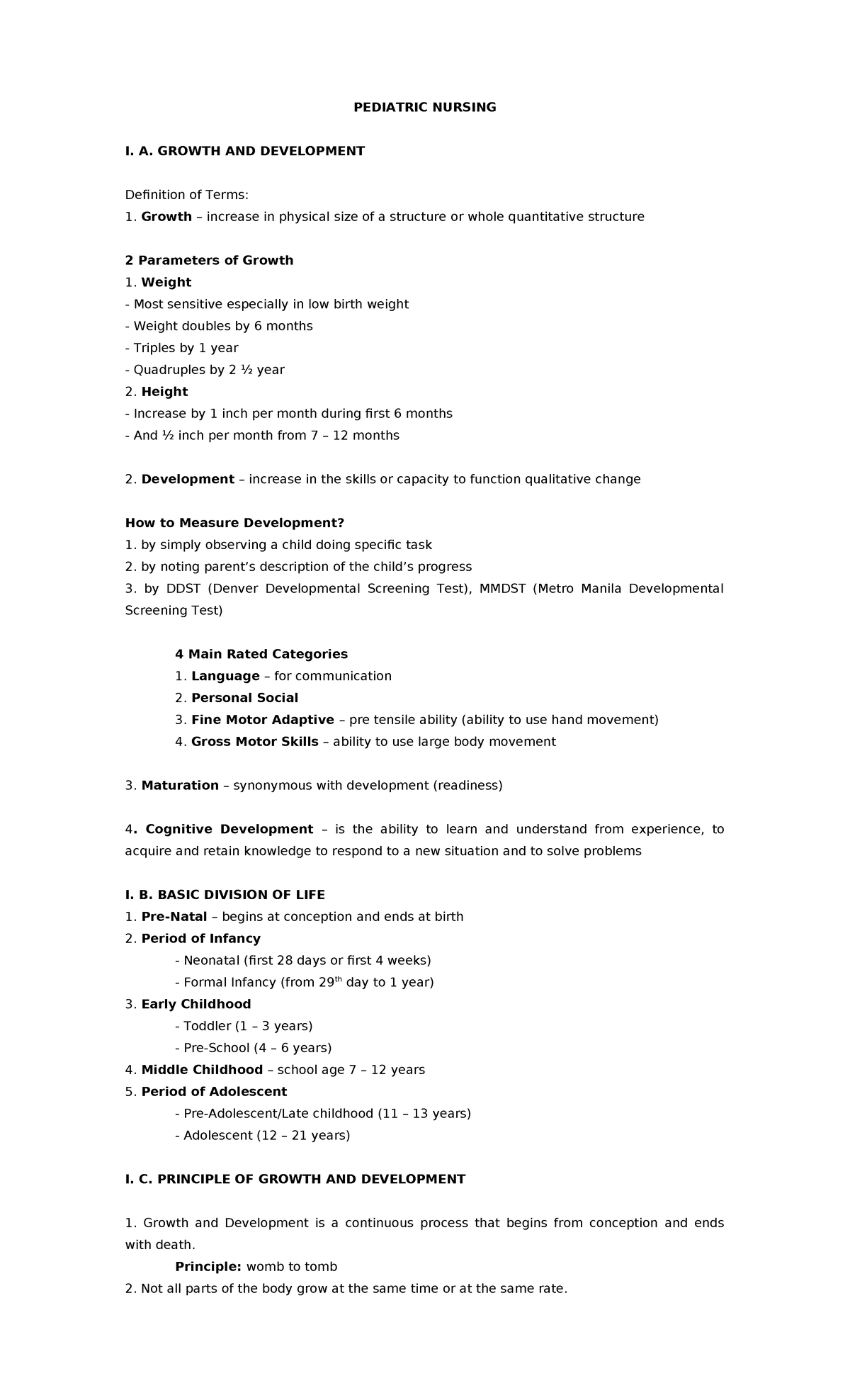 CA 2 Pediatric Review Notes 944430446 - PEDIATRIC NURSING I. A. GROWTH ...