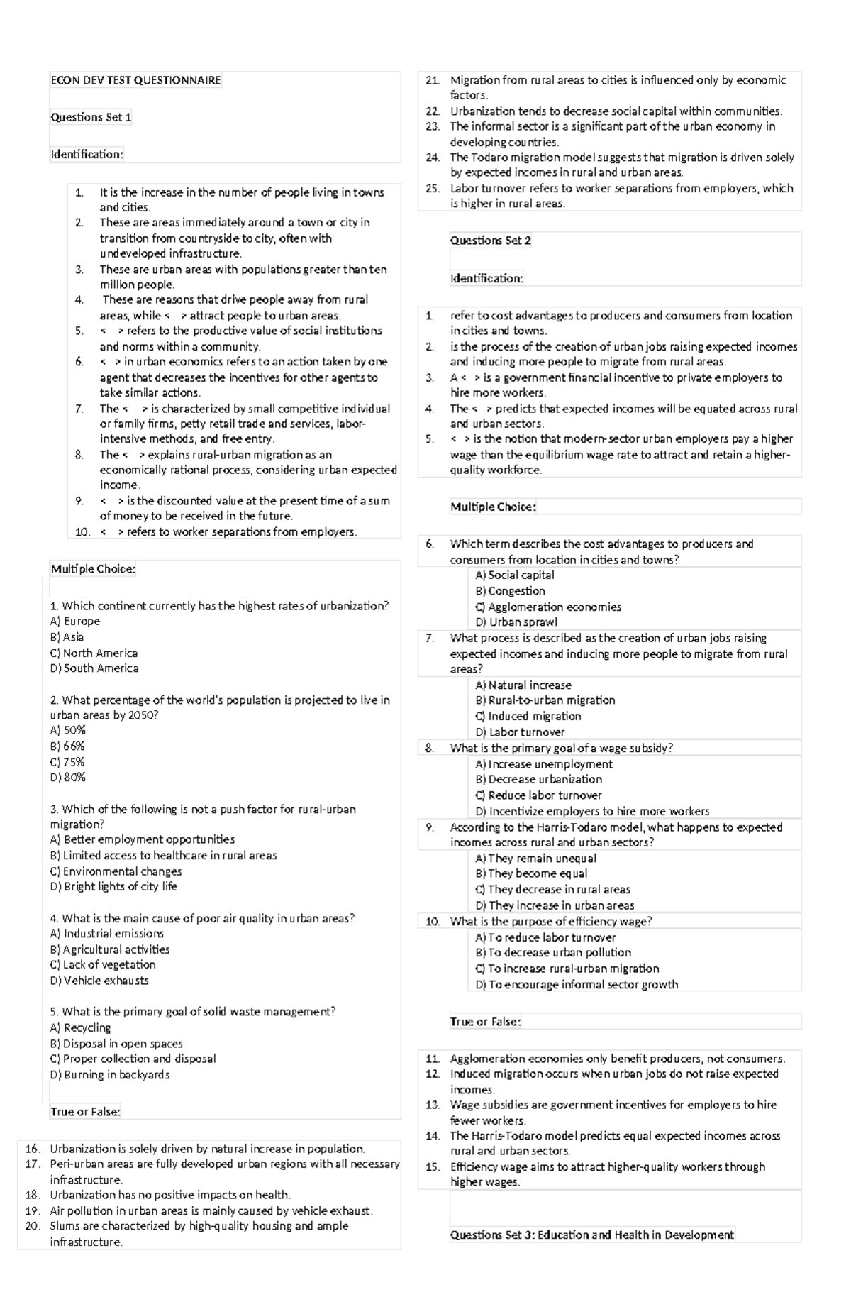 ECON DEV TEST Questionnaire - ECON DEV TEST QUESTIONNAIRE Questions Set ...