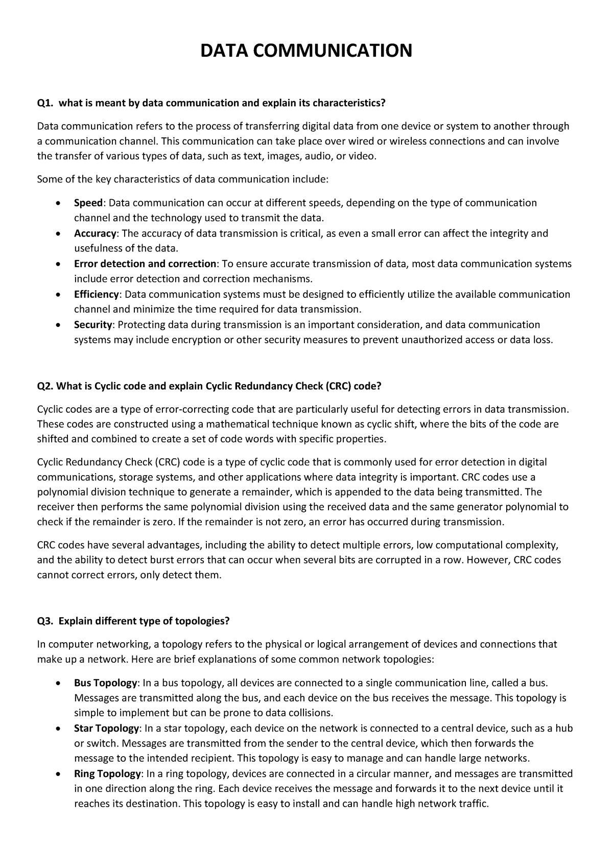 Dcn qs ans - DATA COMMUNICATION Q1. what is meant by data communication ...