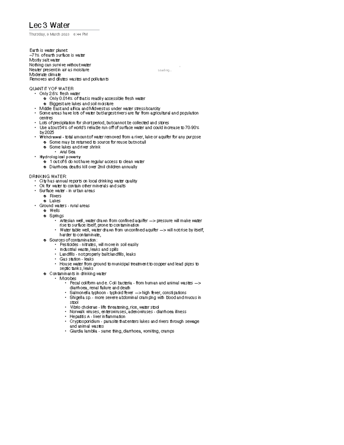 EESA lecture 3 notes - Loading... Lec 3 Water Thursday, 9 March 2023 6: ...