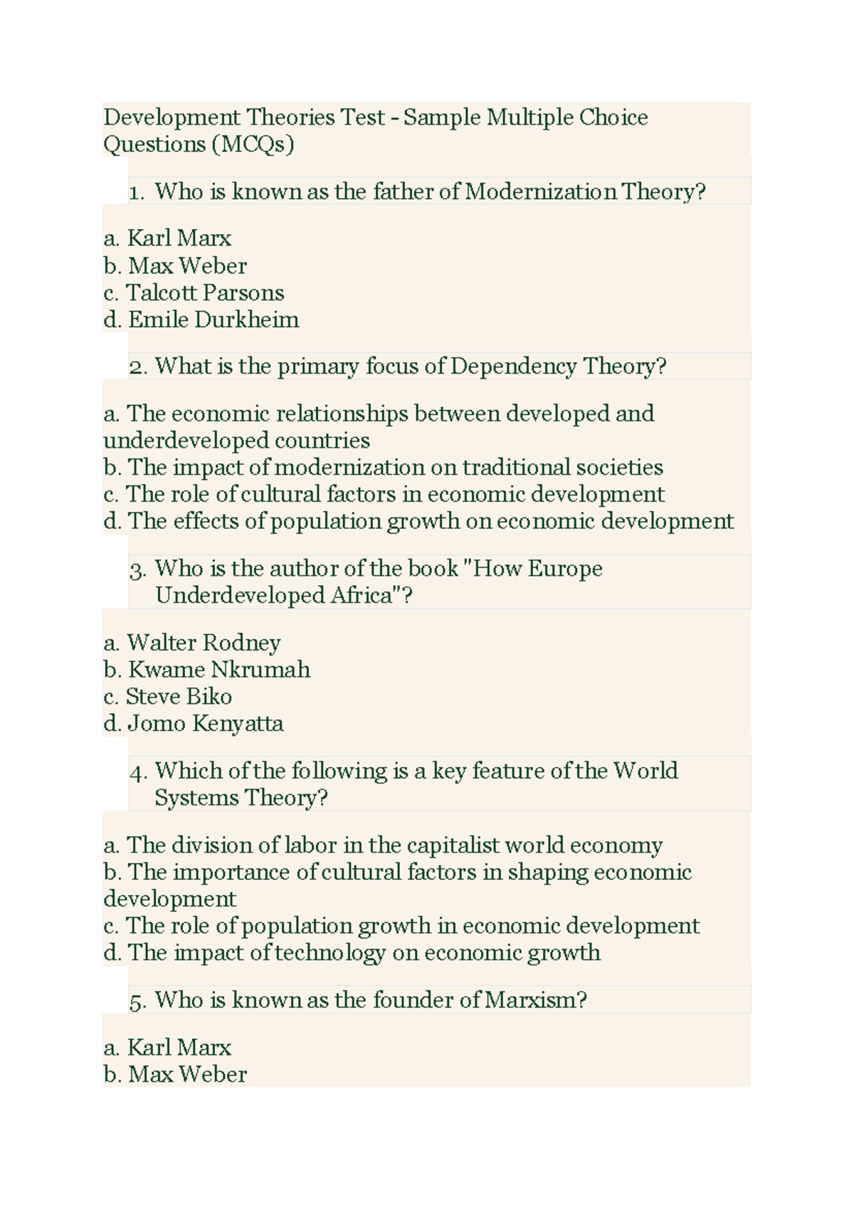 Development Theories Test - Who is known as the father of Modernization ...