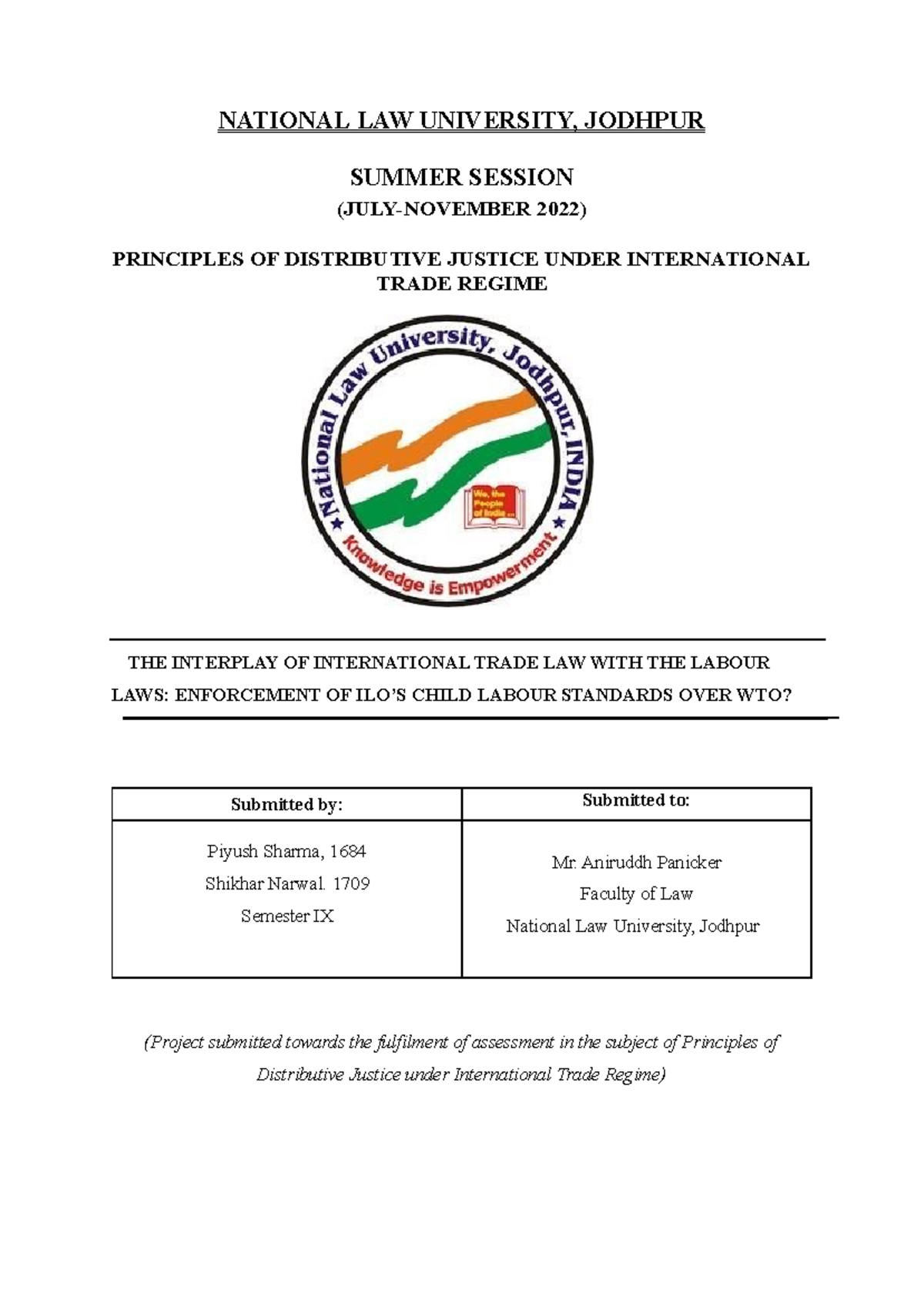 Distributive Justice Project - National Law University, Jodhpur Summer 