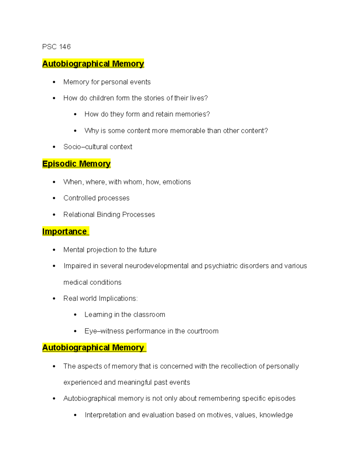 PSC 146 Day 1 - Autobiographical Memory - PSC 146 Autobiographical ...