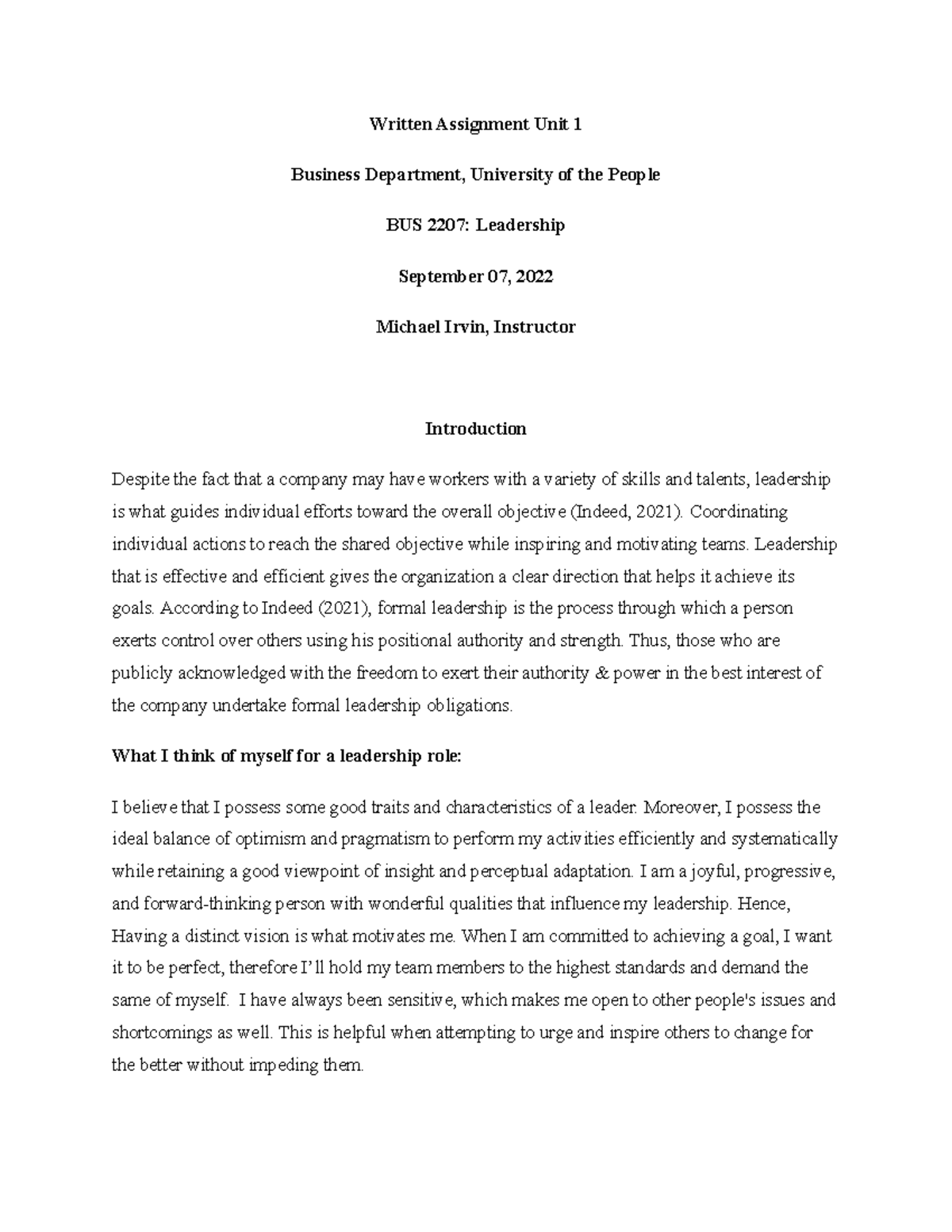 1 WA Bus 4405 Leadership - Written Assignment Unit 1 Business ...