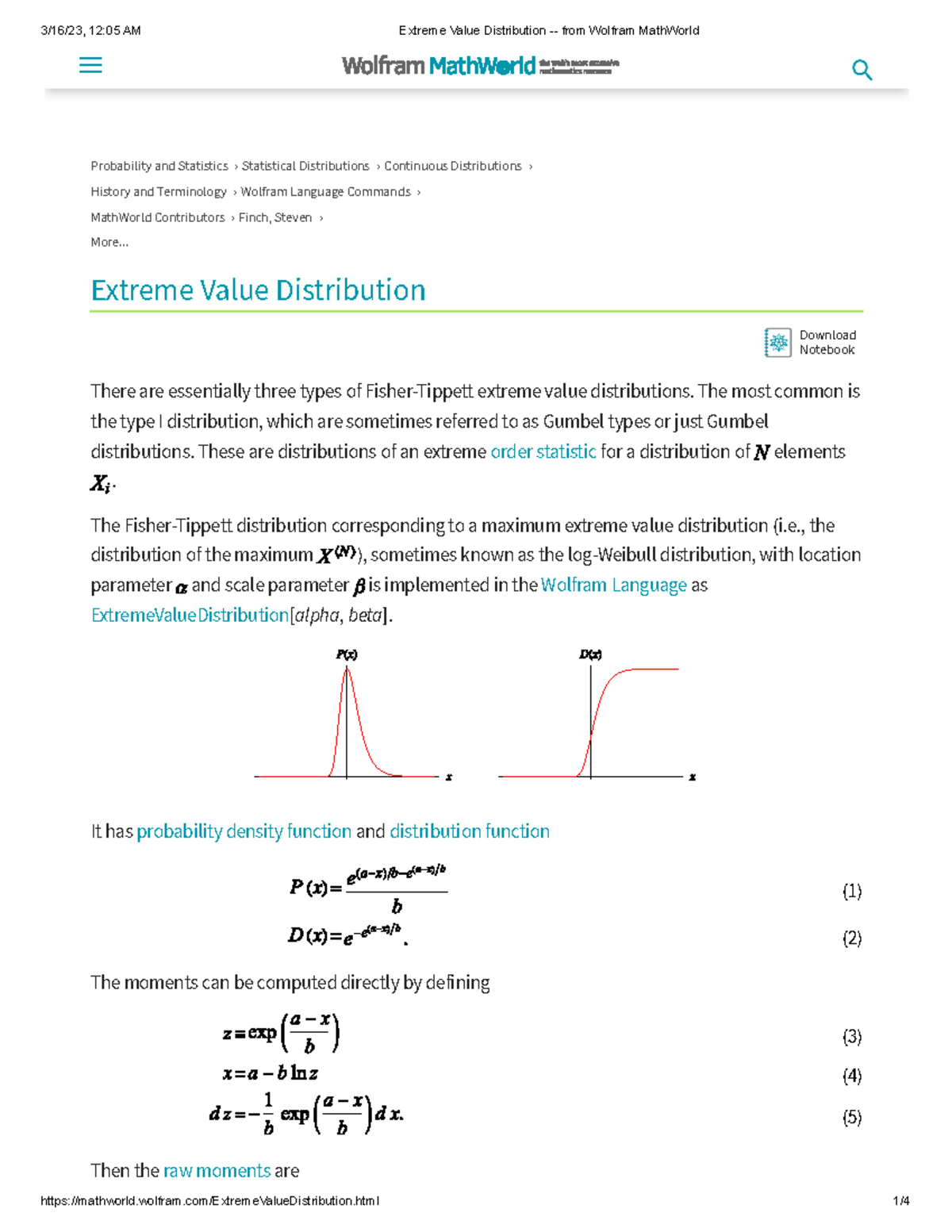 Extreme Value Distribution - from Wolfram Math World - Probability and ...