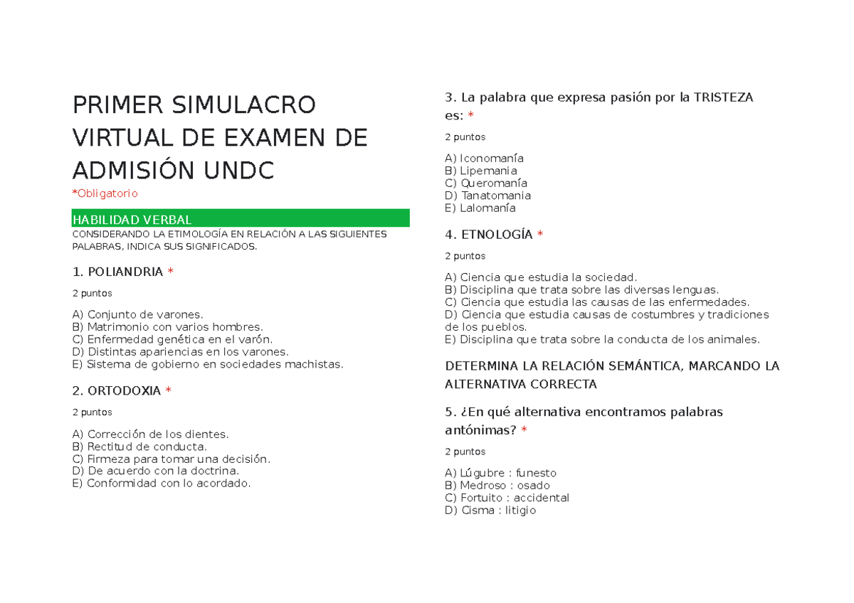 Primer Simulacro Virtual DE Examen DE Admisio N UNDC - PRIMER SIMULACRO