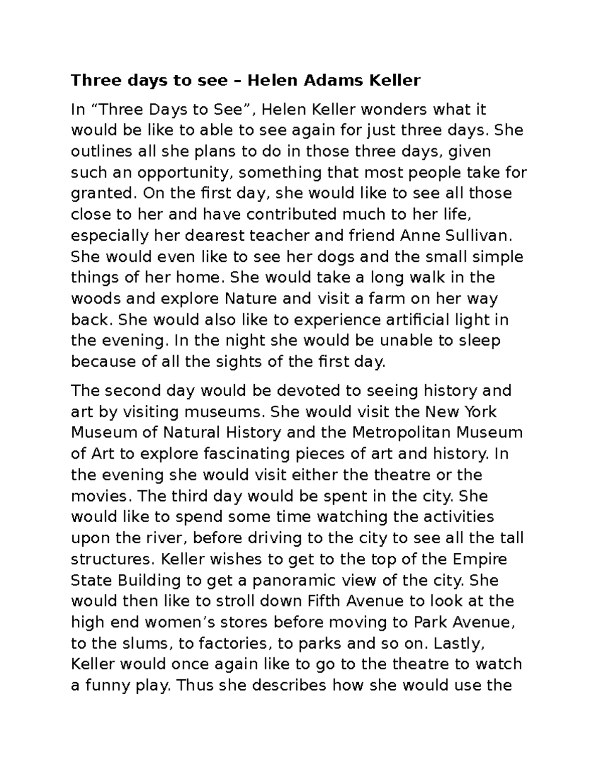 Document - Notes - Three days to see – Helen Adams Keller In “Three ...