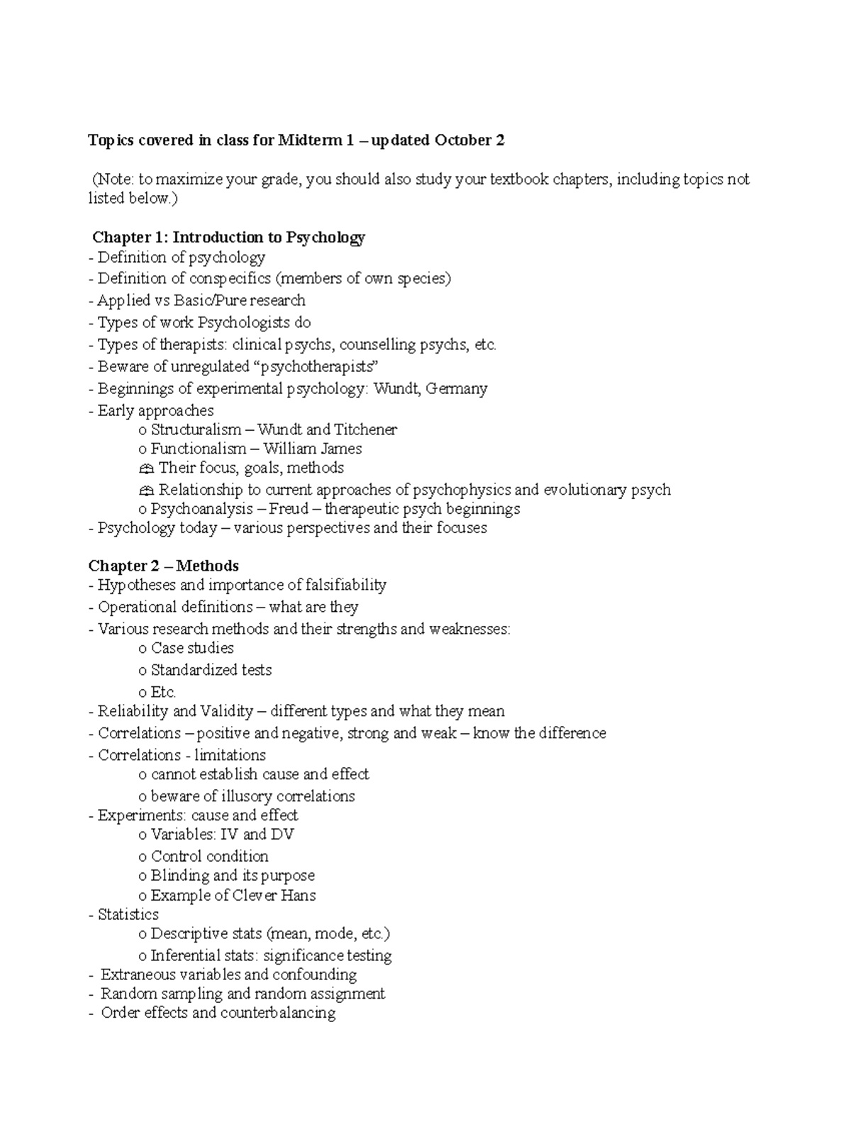 Topics covered in class for the Midterm 1 PSY 120 - Topics covered in ...