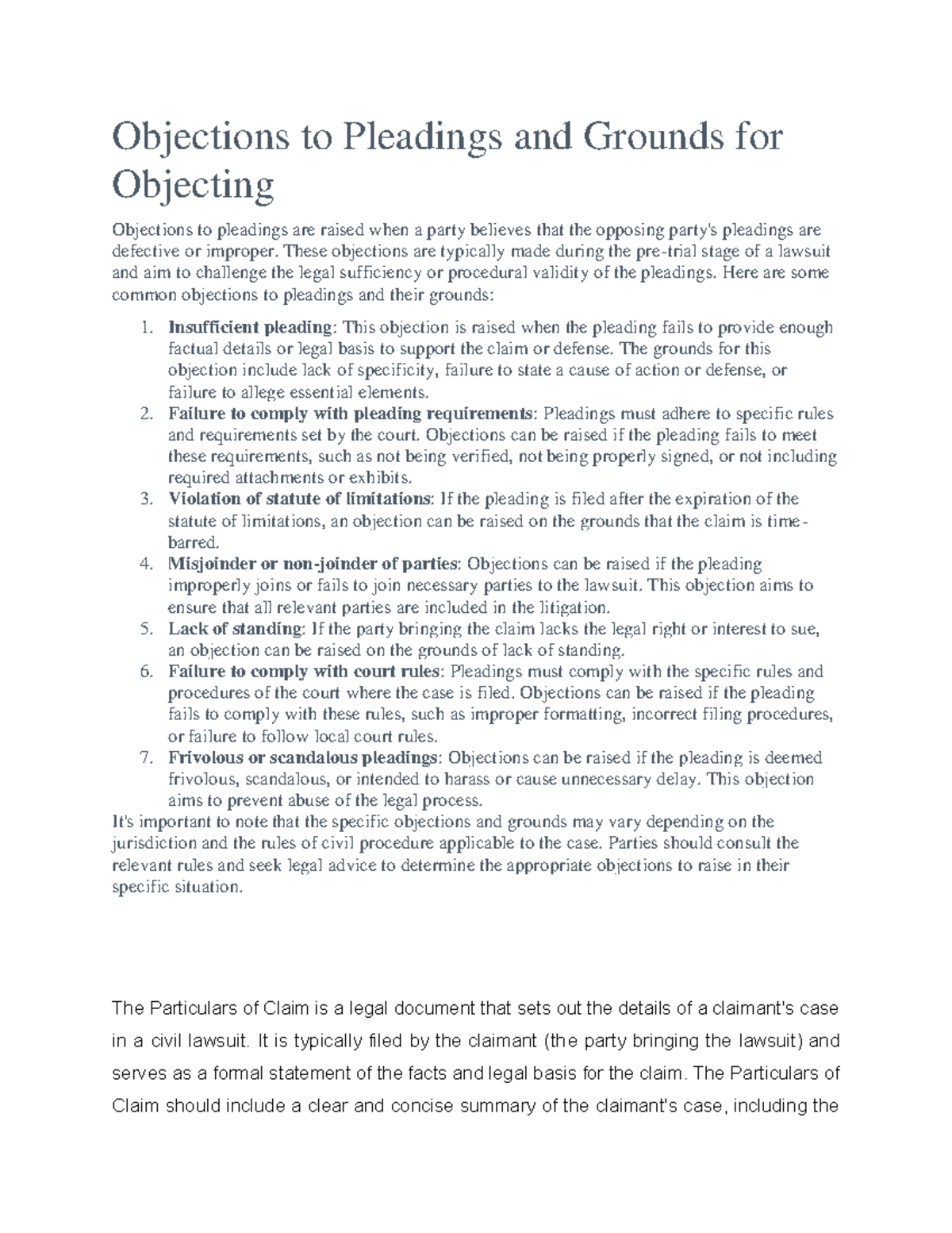 Objections to Pleadings and Grounds for Objecting Objections to Pleadings and Grounds for