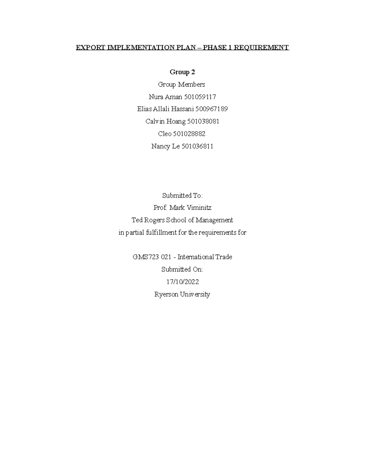 Phase 1 - Exportation Plan - GMS724 - Toronto Met - Studocu