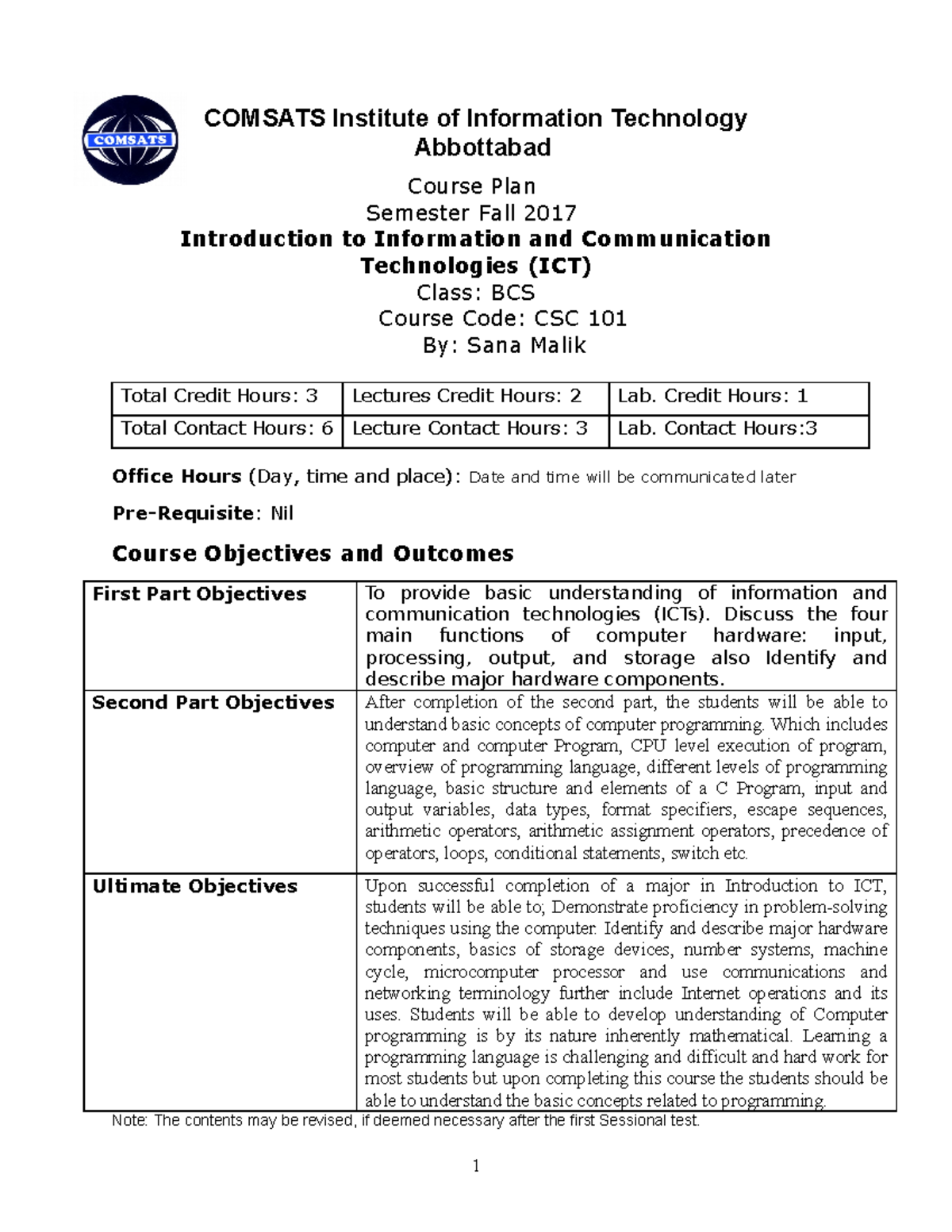 ICT course content - Course Plan Semester Fall 2017 Introduction to ...