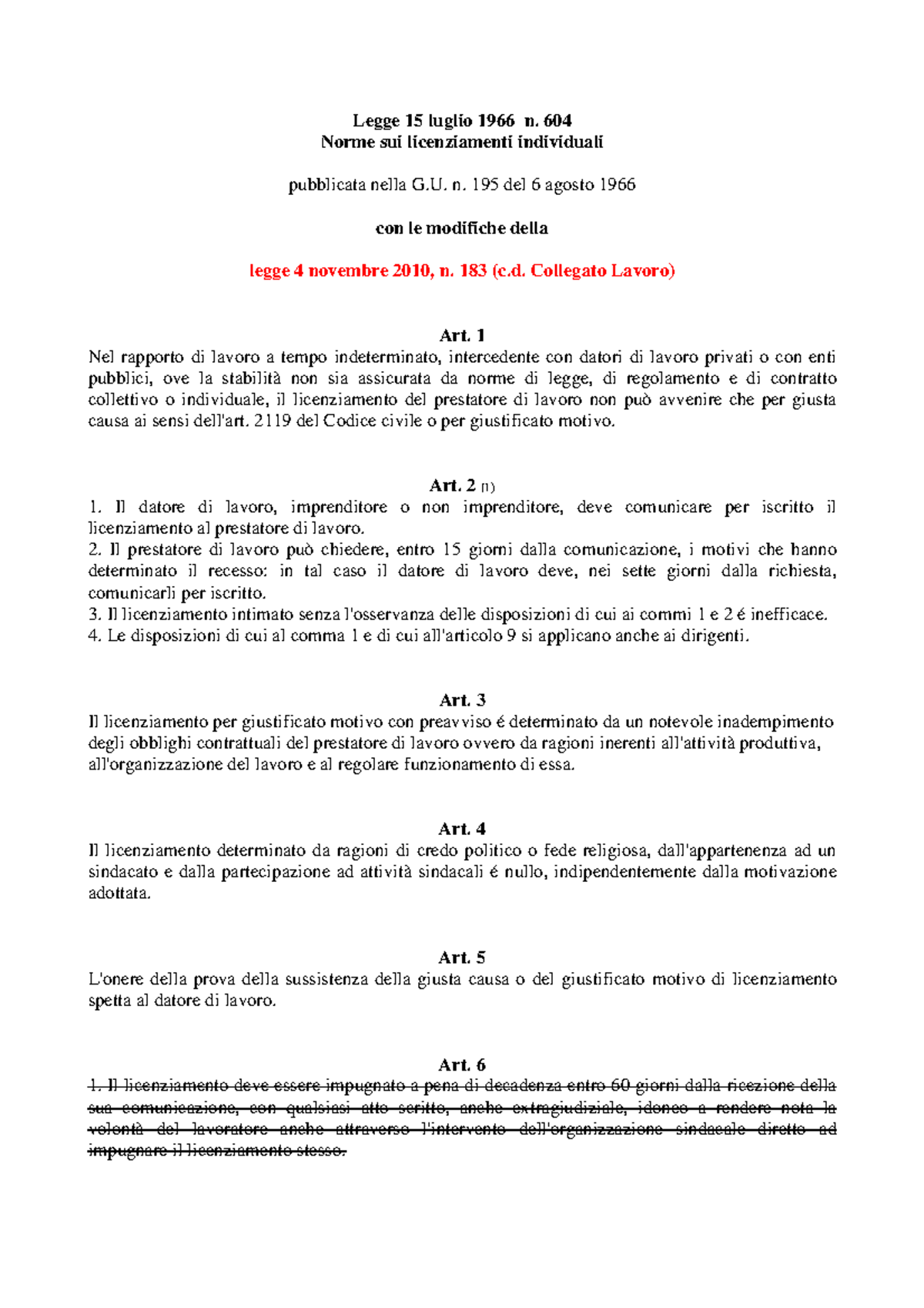 Legge Sui Licenziamenti - Diritto Del Lavoro - UniFe - Studocu