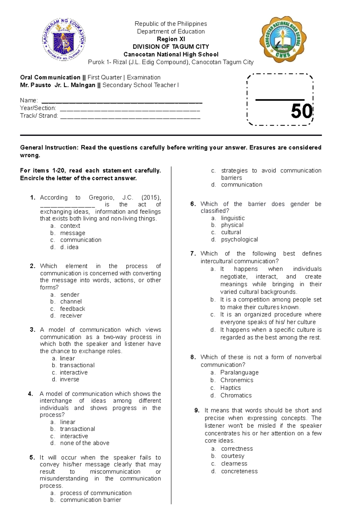 Q1 Oral Communication - Republic of the Philippines Department of ...