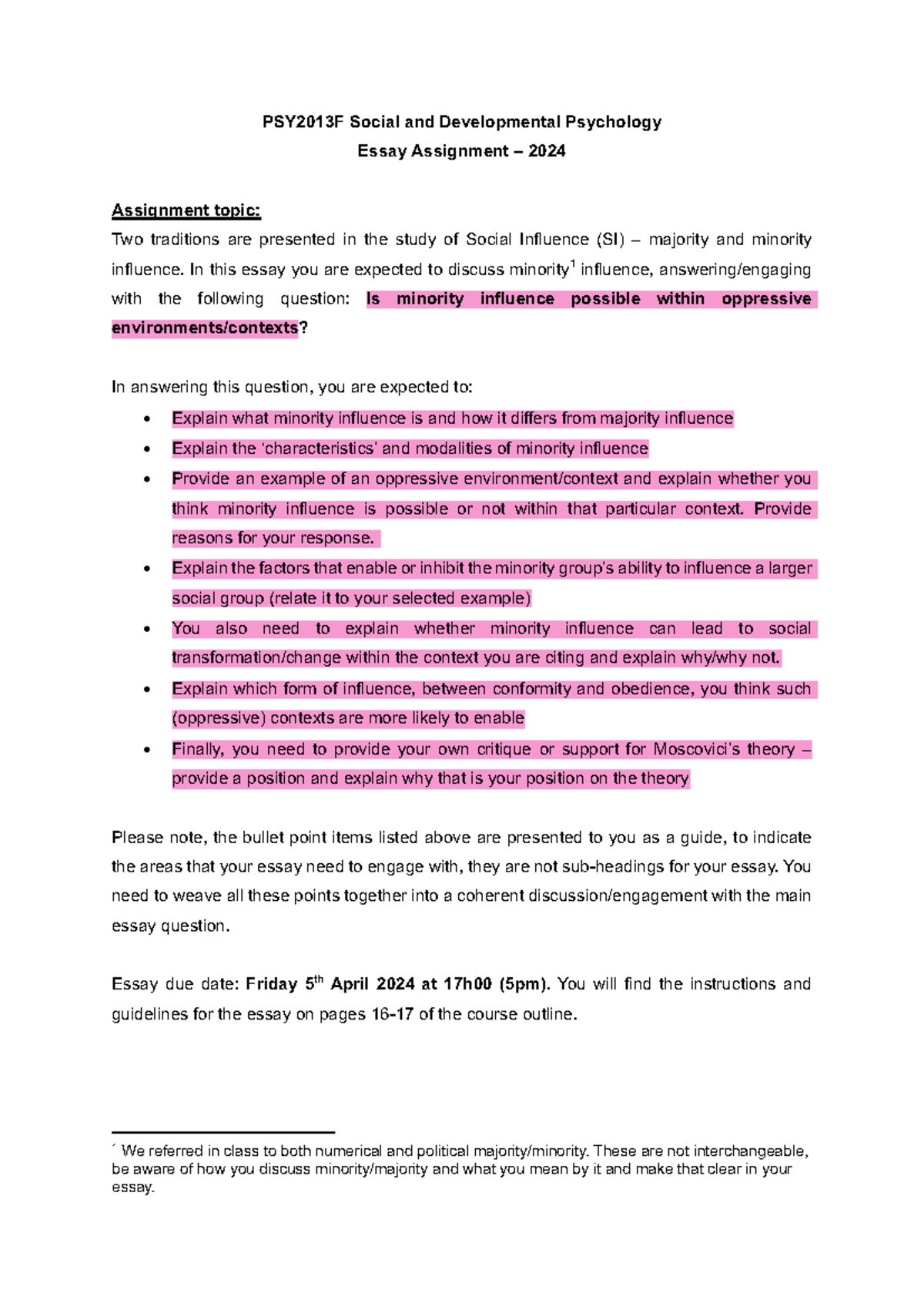 PSY2013 F Essay Assignment Topic 2024 - PSY2013F Social and ...